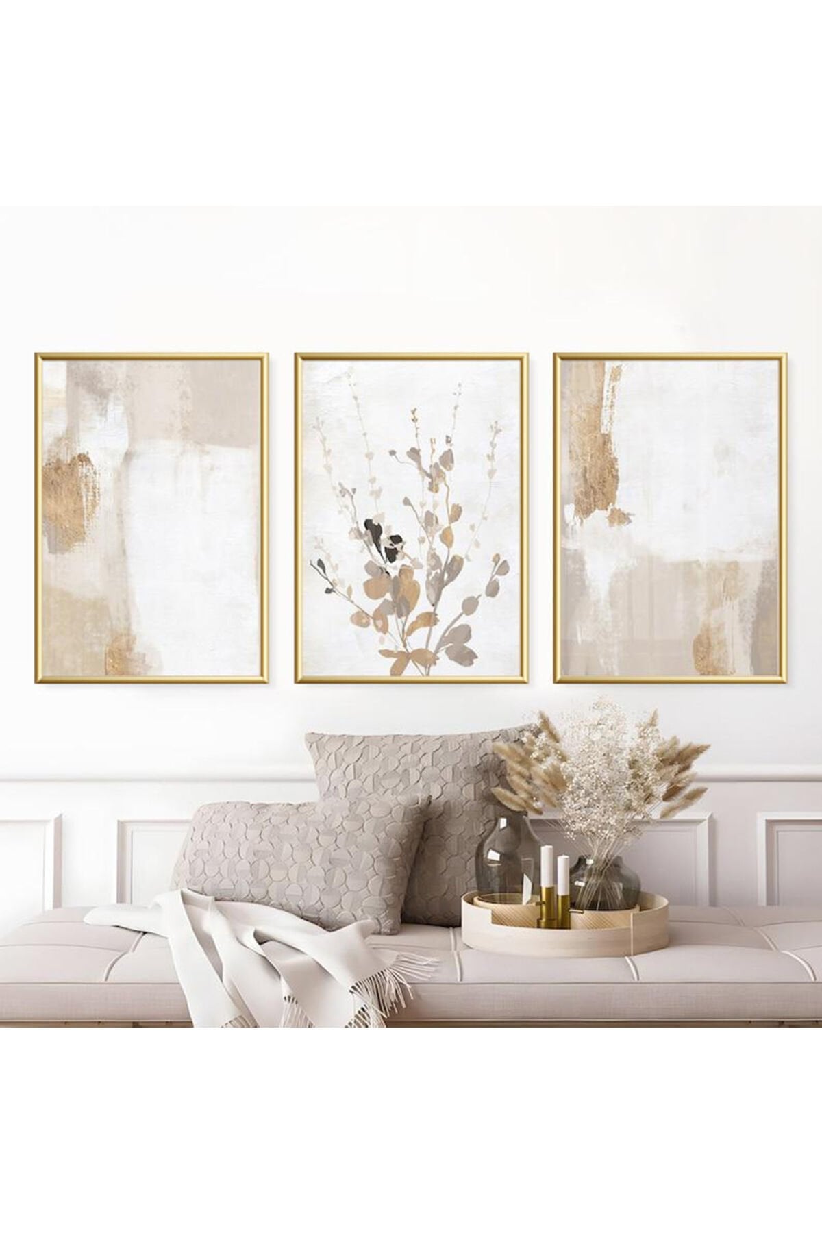 3 lü Gold Metal Çerçeve Krem Bej Cam Tablo Seti