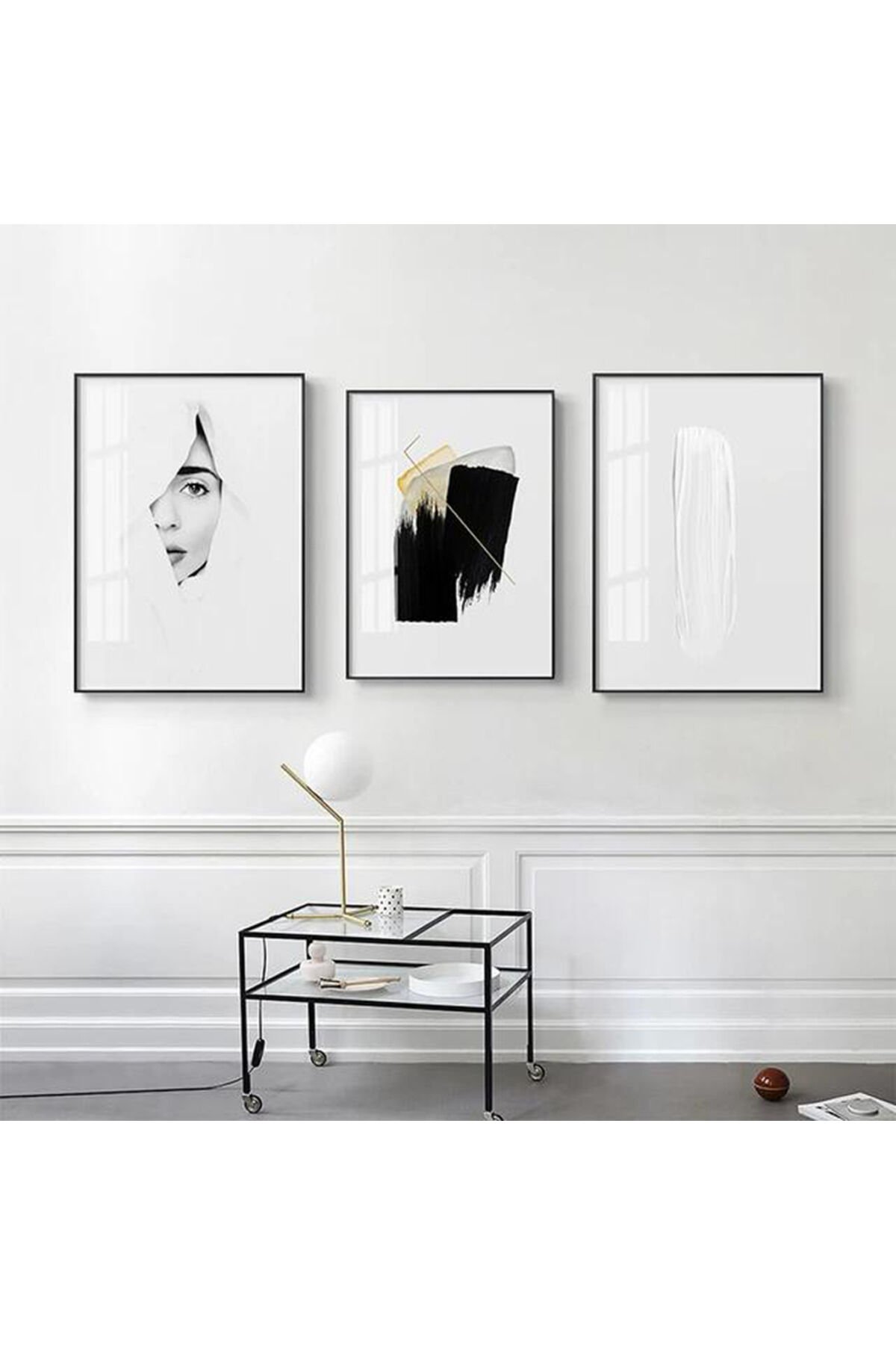 Üçlü Siyah Metal Çerçeve Modern Tarz Fenomen Cam Tablo Seti