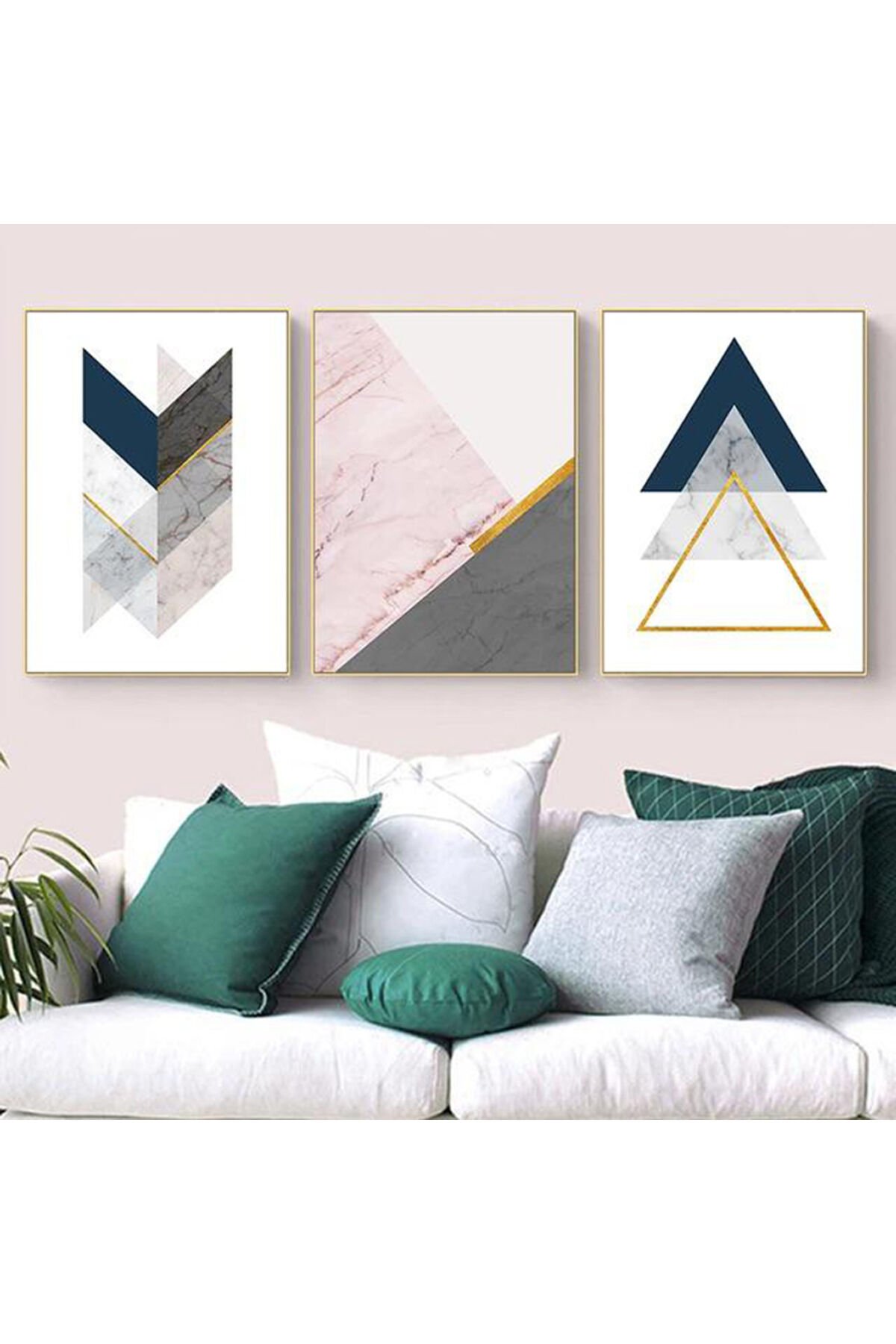 3 lü Gold Metal Çerçeve Geometrik Gri Mavi Cam Tablo Seti