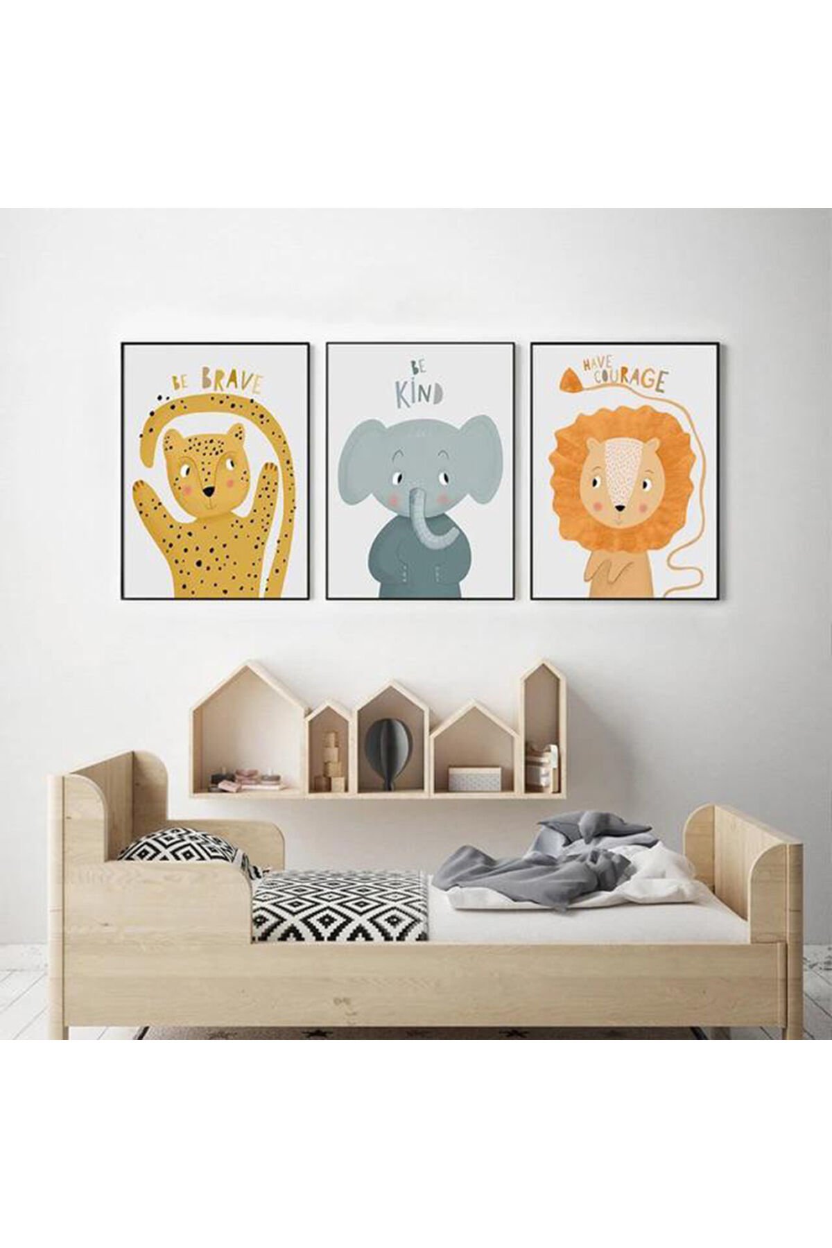 Üçlü Siyah Metal Çocuk Aslan Kaplan Fil Geometrik Cam Tablo Seti