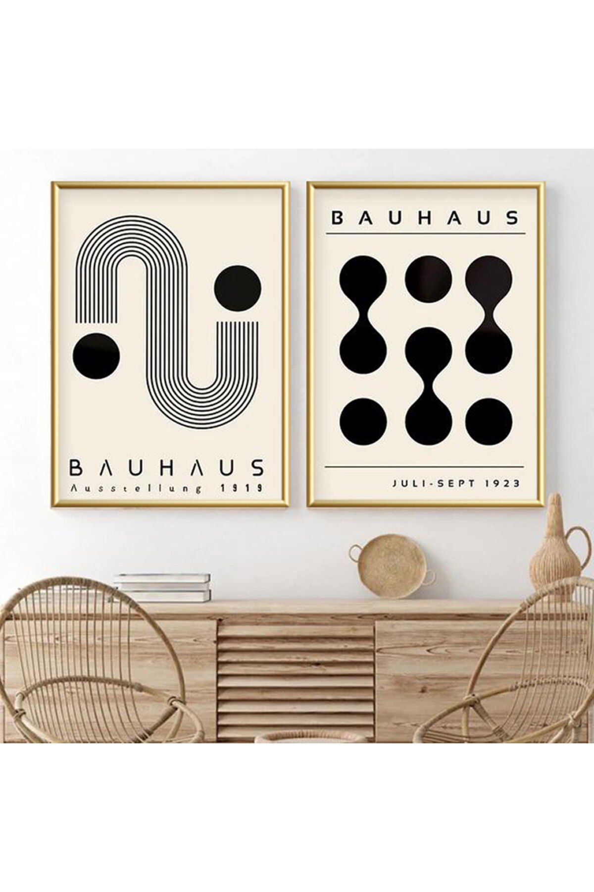 2 li Gold Metal Çerçeveli Mimar Bauhaus Camlı Tablo Seti