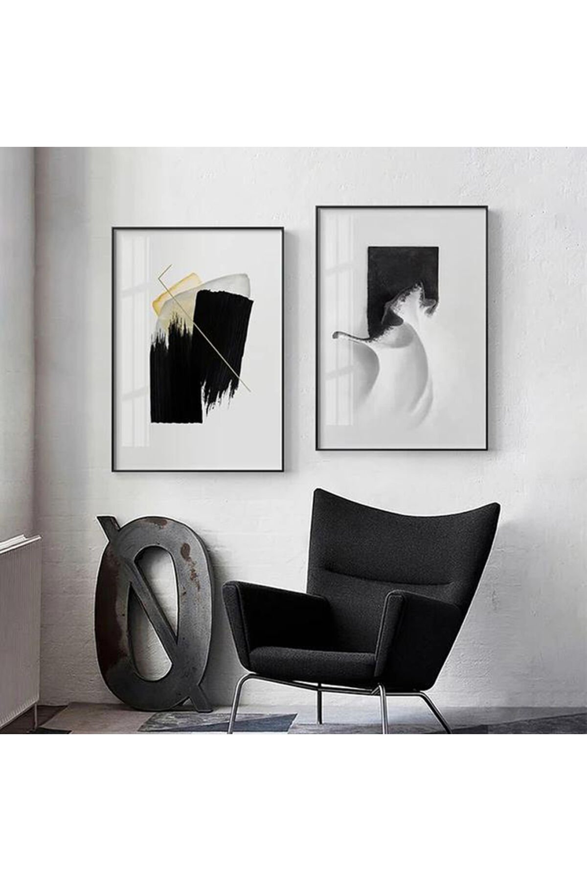 İkili Siyah Metal Çerçeveli Modern Beyaz Cam Tablo Seti