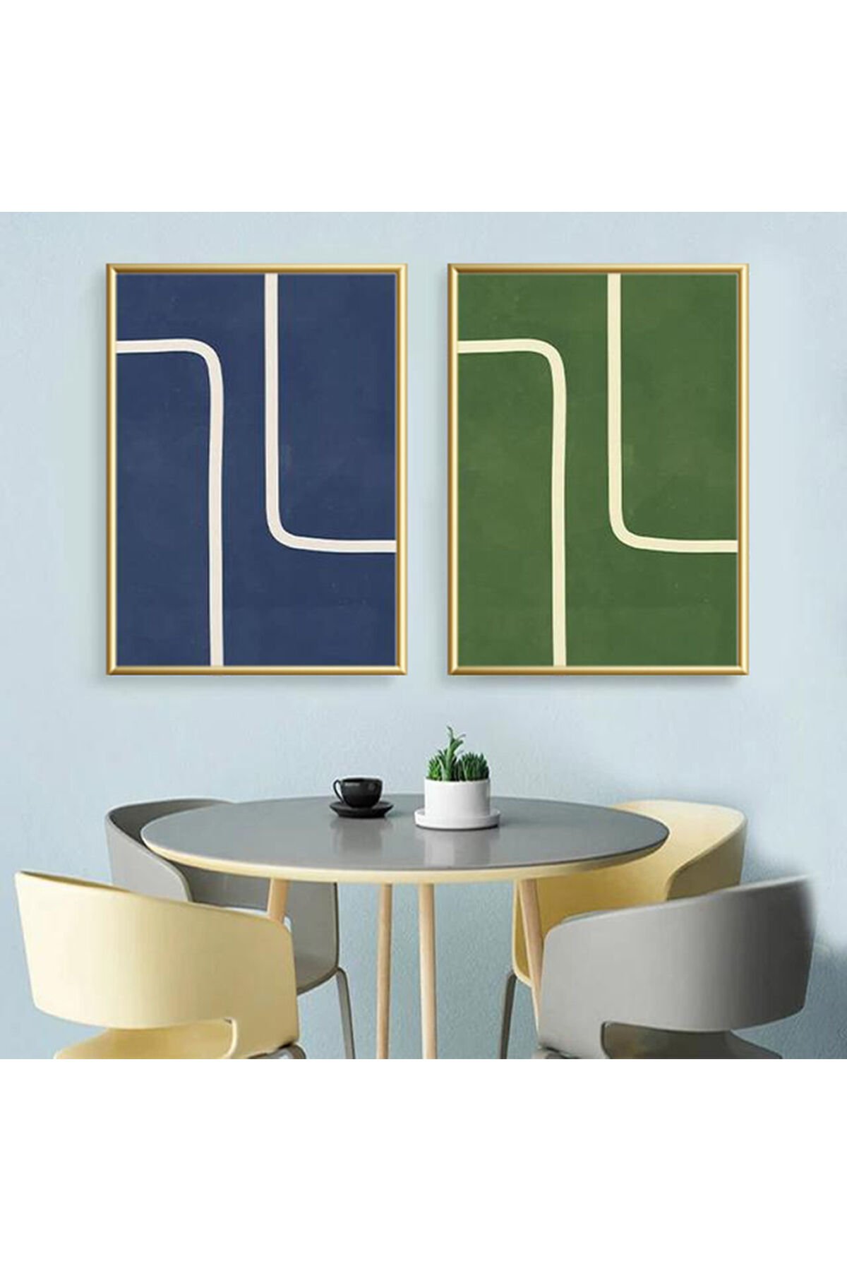 2 li Gold Metal Çerçeveli Mavi Yeşil Camlı Tablo Seti