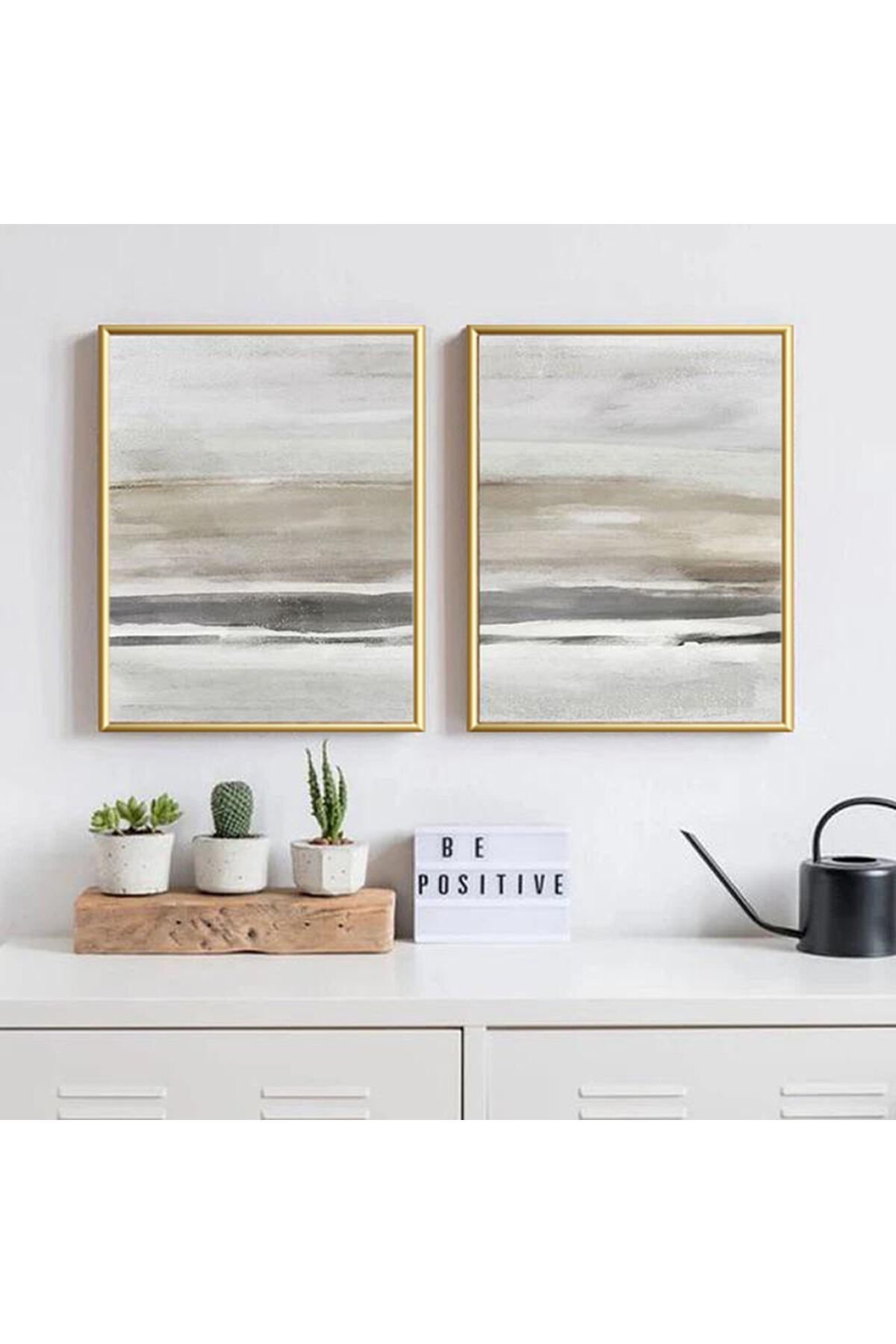İkili Gold Metal Çerçeveli Soft Bej Krem Camlı Tablo Seti