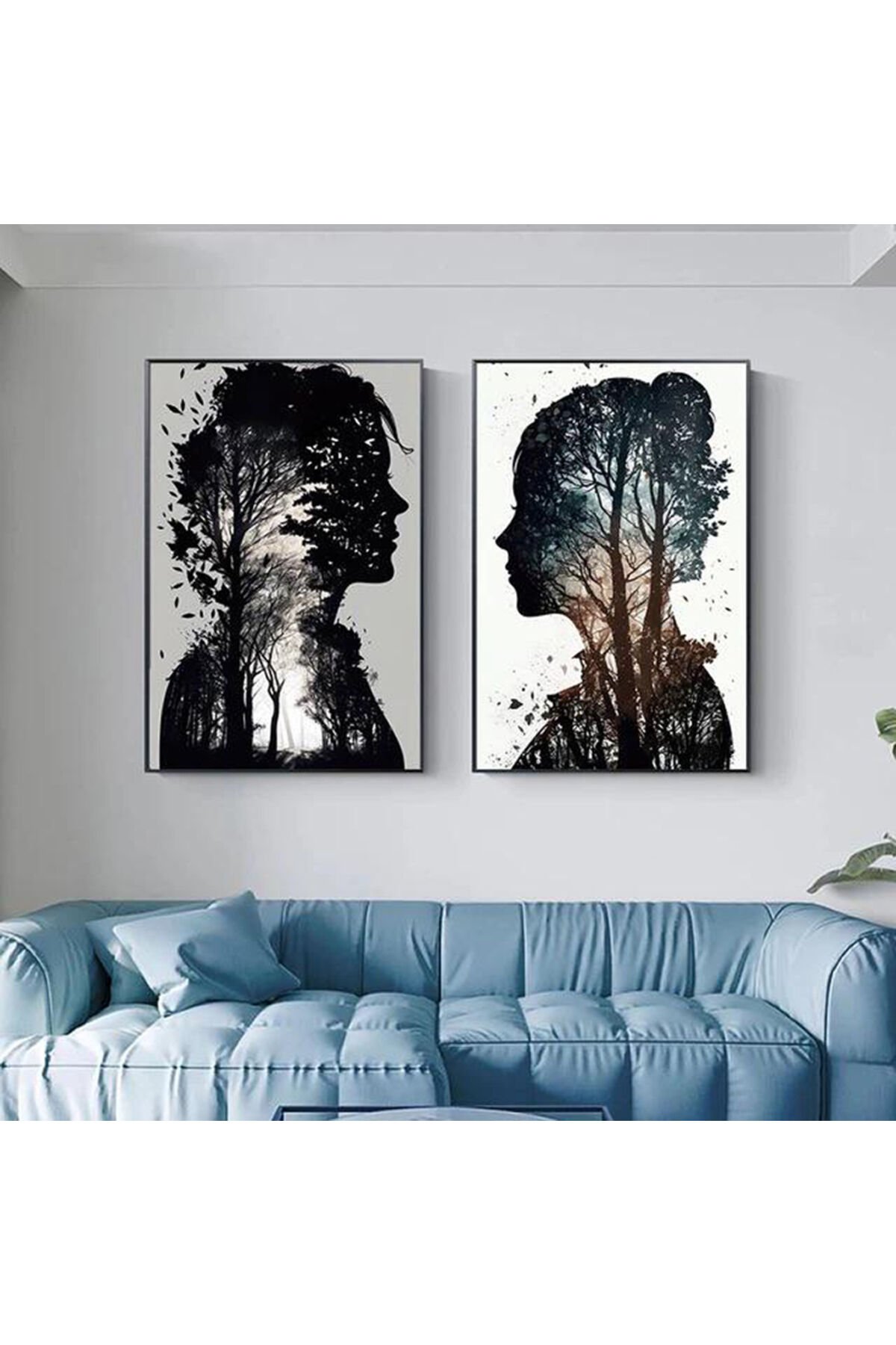 İkili Siyah Metal Çerçeveli İnsan Orman Cam Tablo Seti
