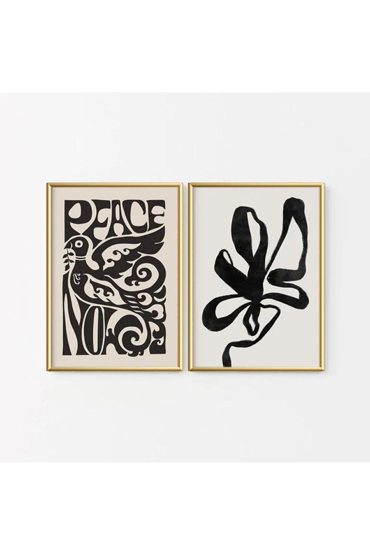 İkili Gold Metal Çerçeveli Peace Siyah Beyaz Camlı Tablo Seti