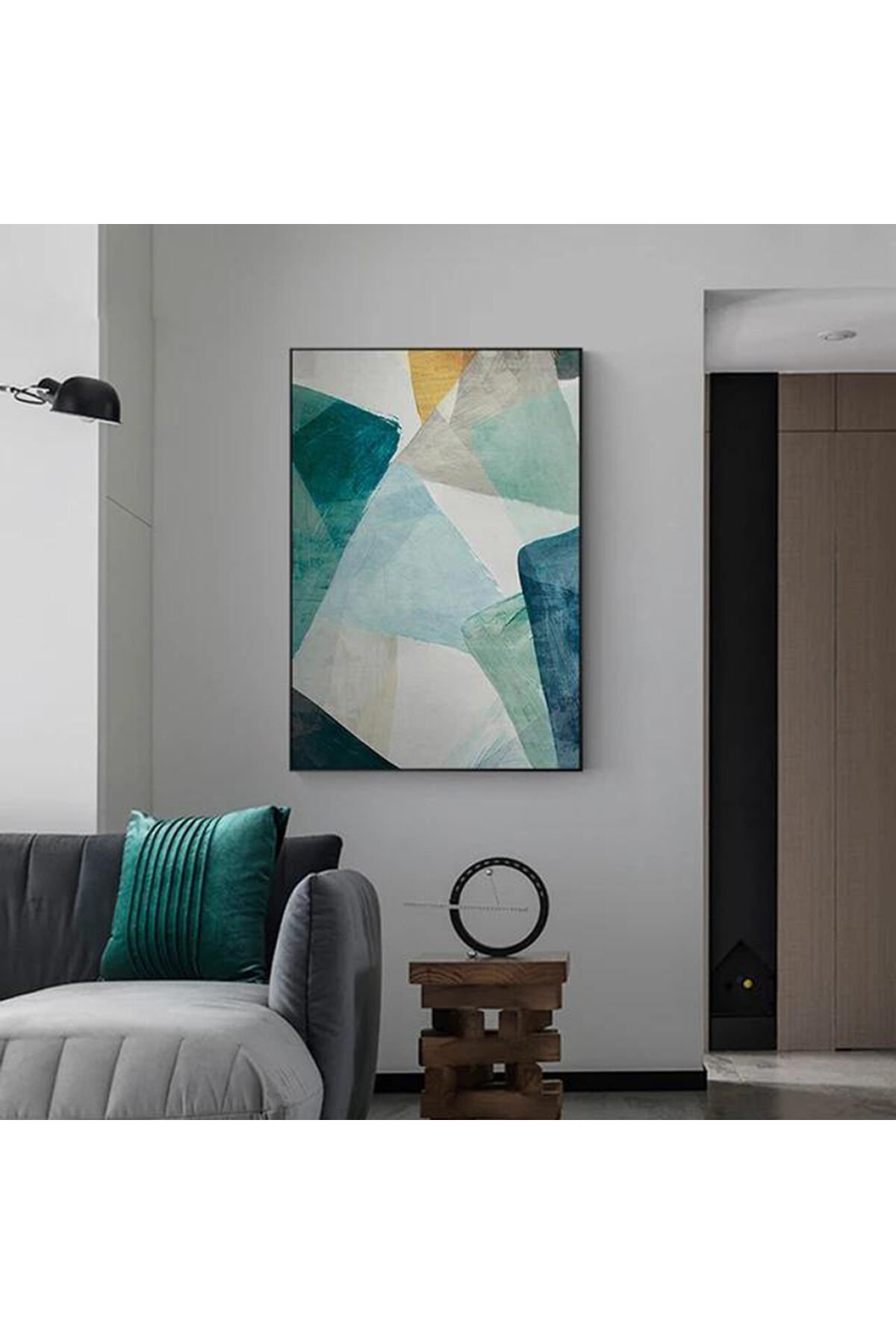 Tekli Siyah Metal Çerçeveli Yeşil Geometrik Cam Tablo Seti