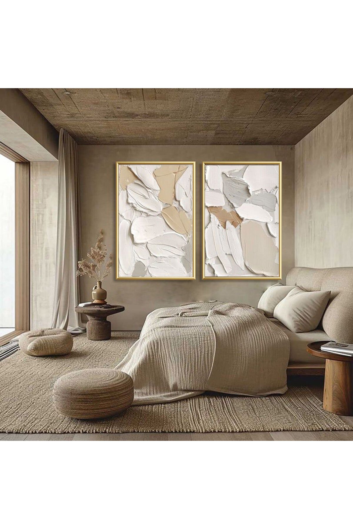 İkili Gold Metal Çerçeveli Krem Bej Poster Cam Tablo Seti