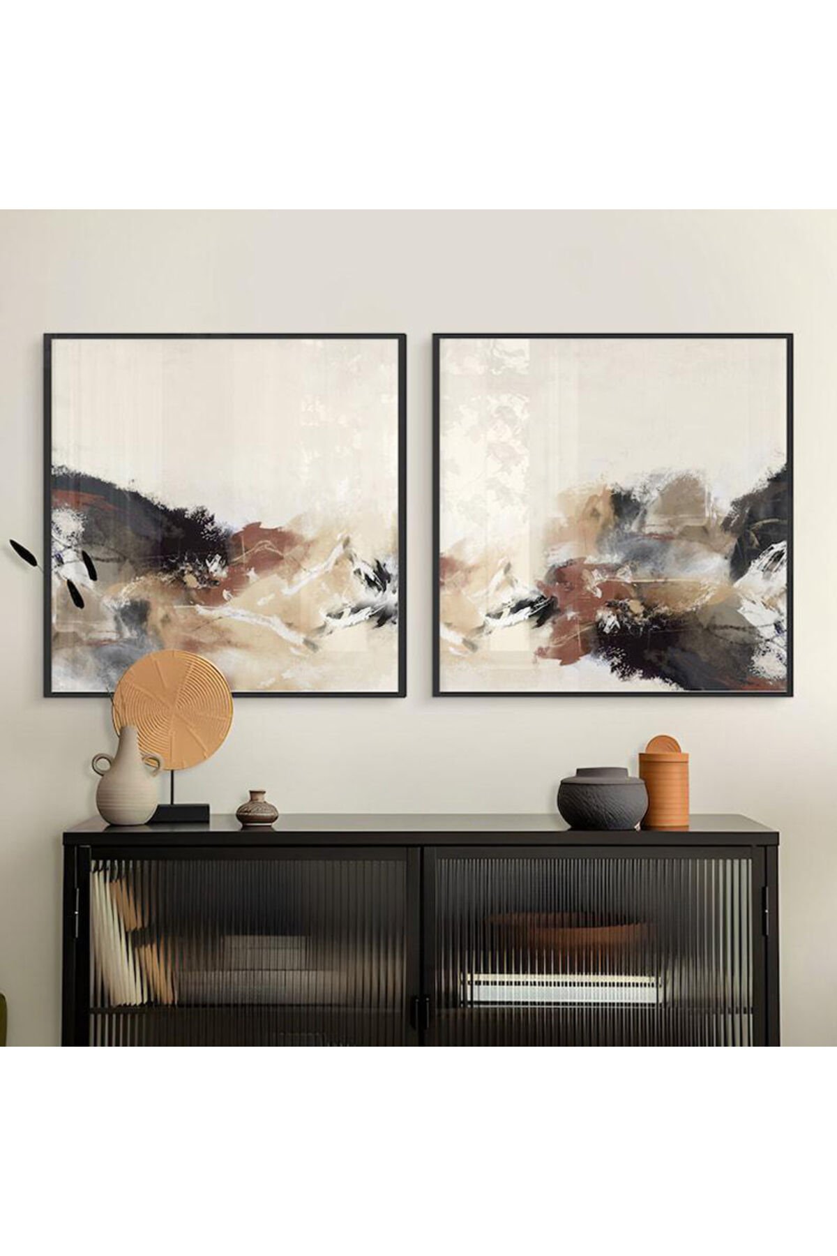 İkili Siyah Metal Çerçeveli Modern Kare Gri Cam Tablo Seti