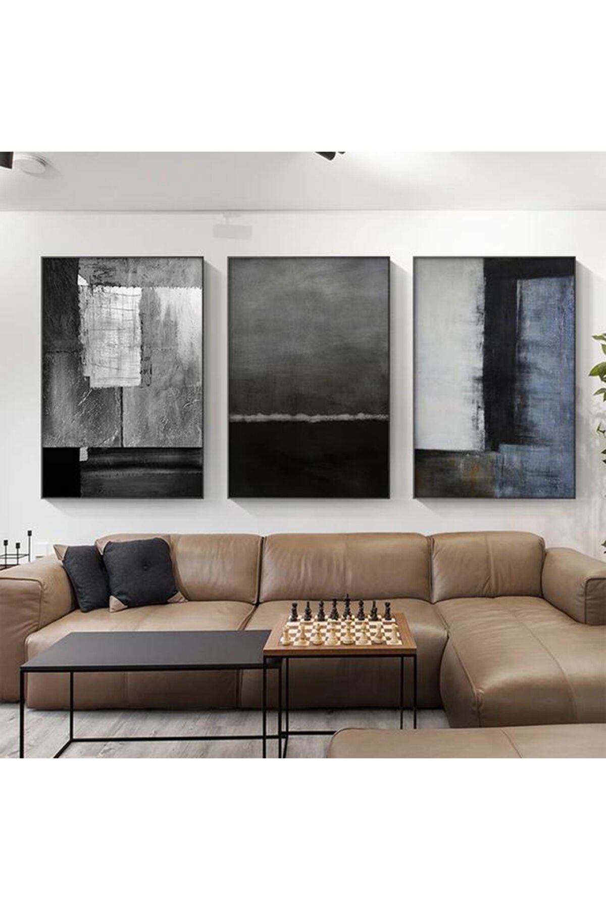 Üçlü Siyah Metal Çerçeve Gri Füme Modern Cam Tablo Seti