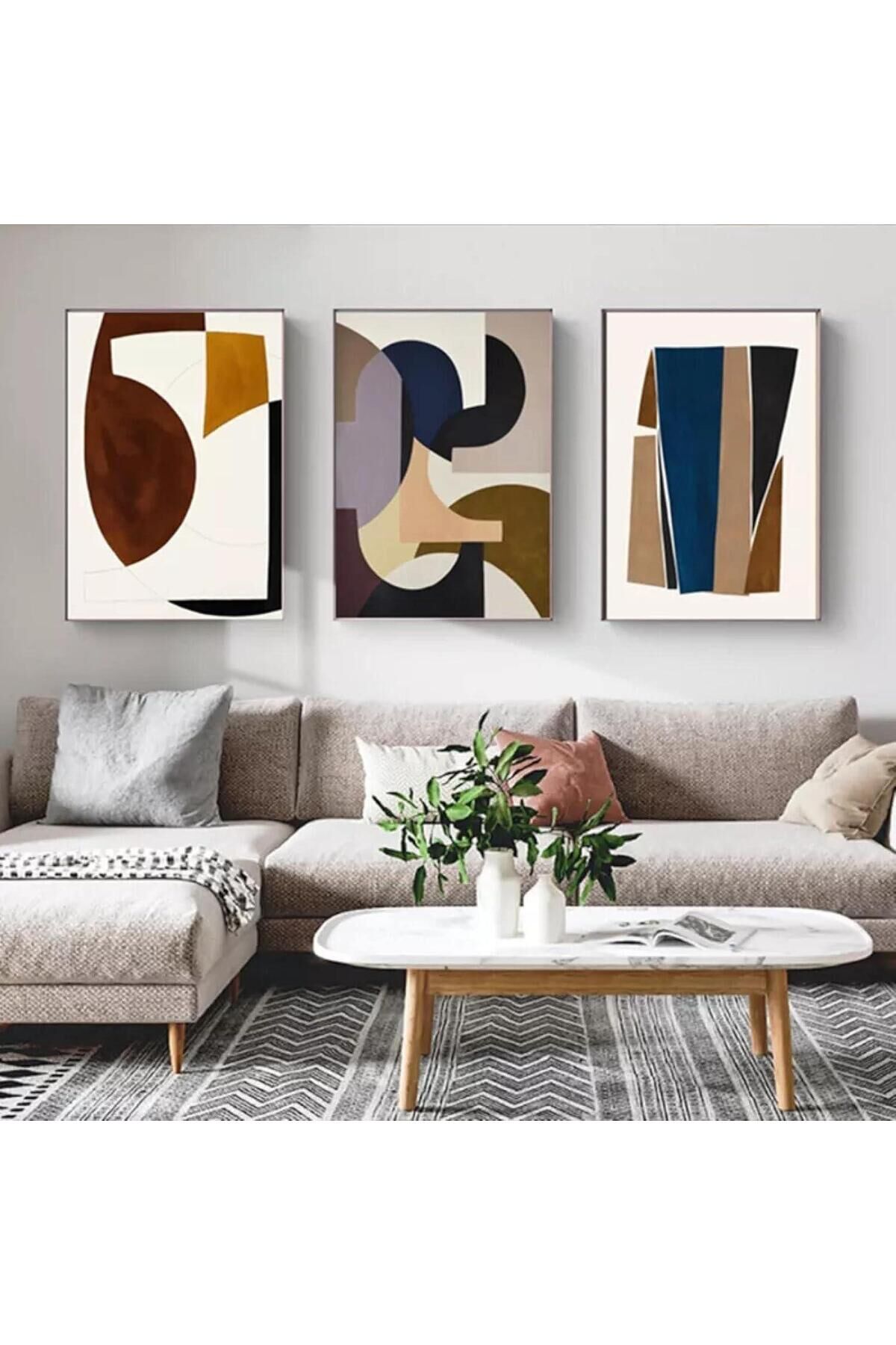 Üçlü Siyah Metal Çerçeve Kahverengi Soyut Cam Tablo Seti