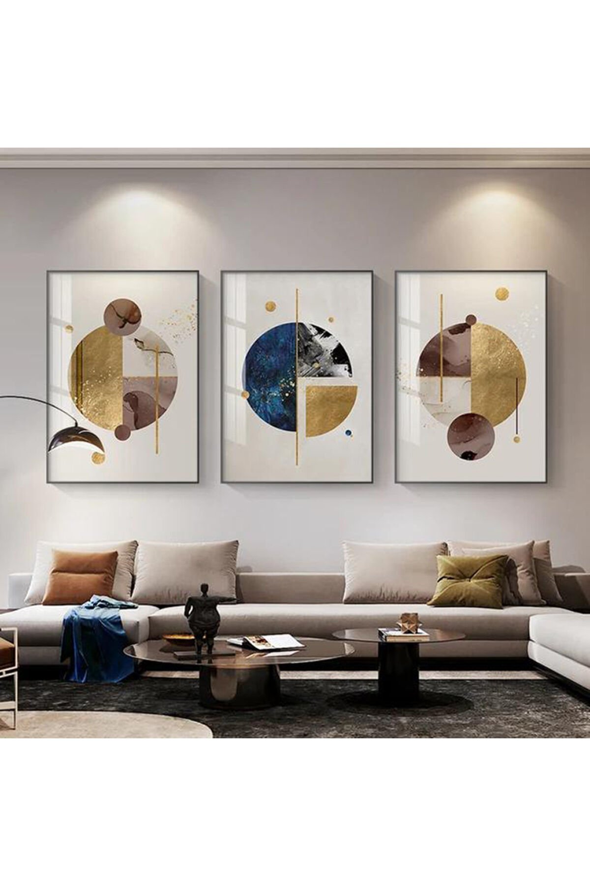 Üçlü Siyah Metal Çerçeve Geometrik Soyut Cam Tablo Seti