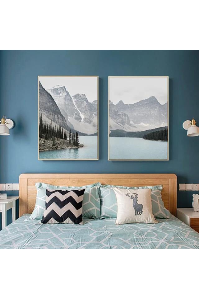 İkili Gold Metal Çerçeveli Dağlar Doğa Poster Cam Tablo Seti