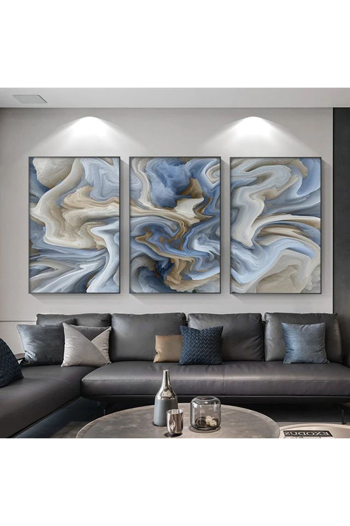 Üçlü Siyah Metal Çerçeve Mavi Desen Cam Tablo Seti