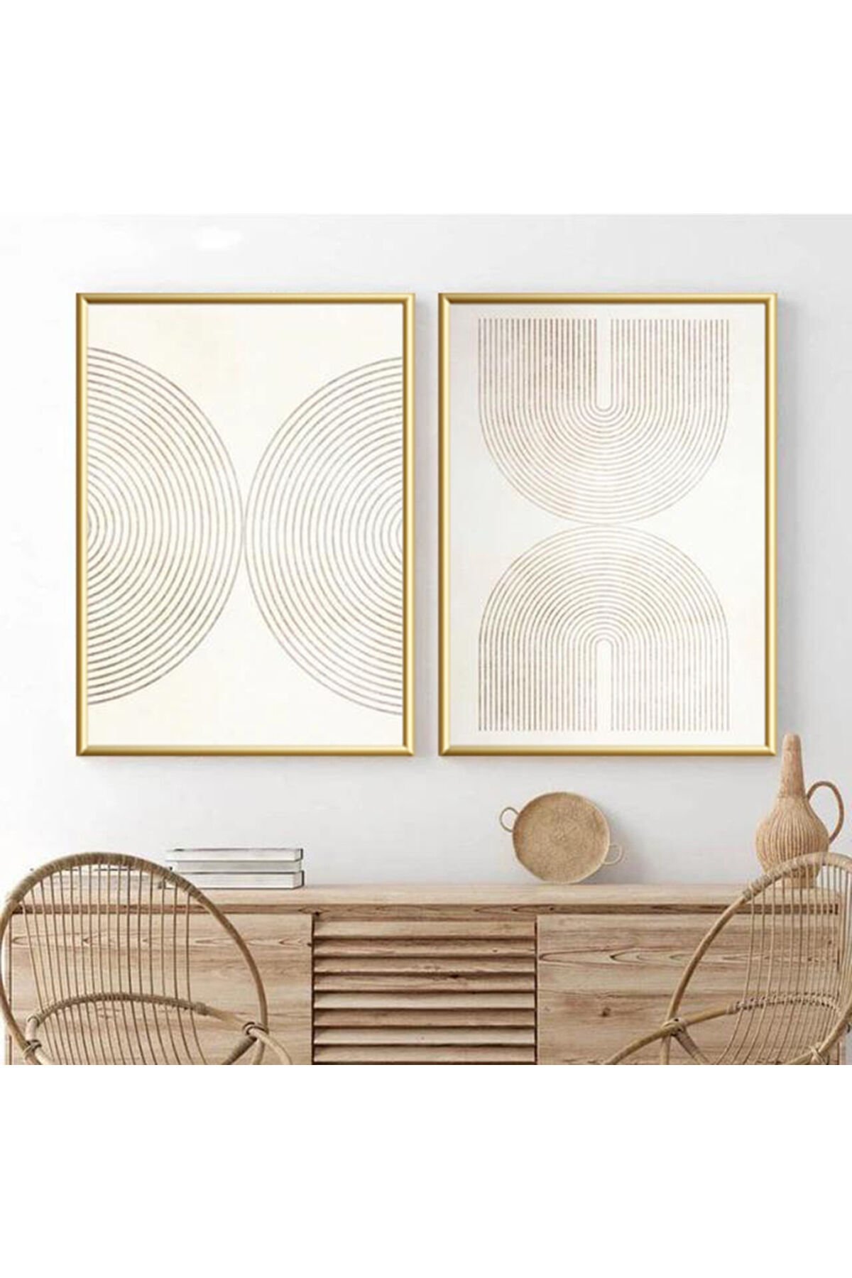 İkili Gold Metal Çerçeveli Krem Geometrik Poster Cam Tablo Seti