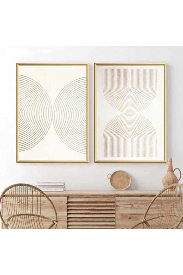İkili Gold Metal Çerçeveli Krem Geometrik Poster Cam Tablo Seti
