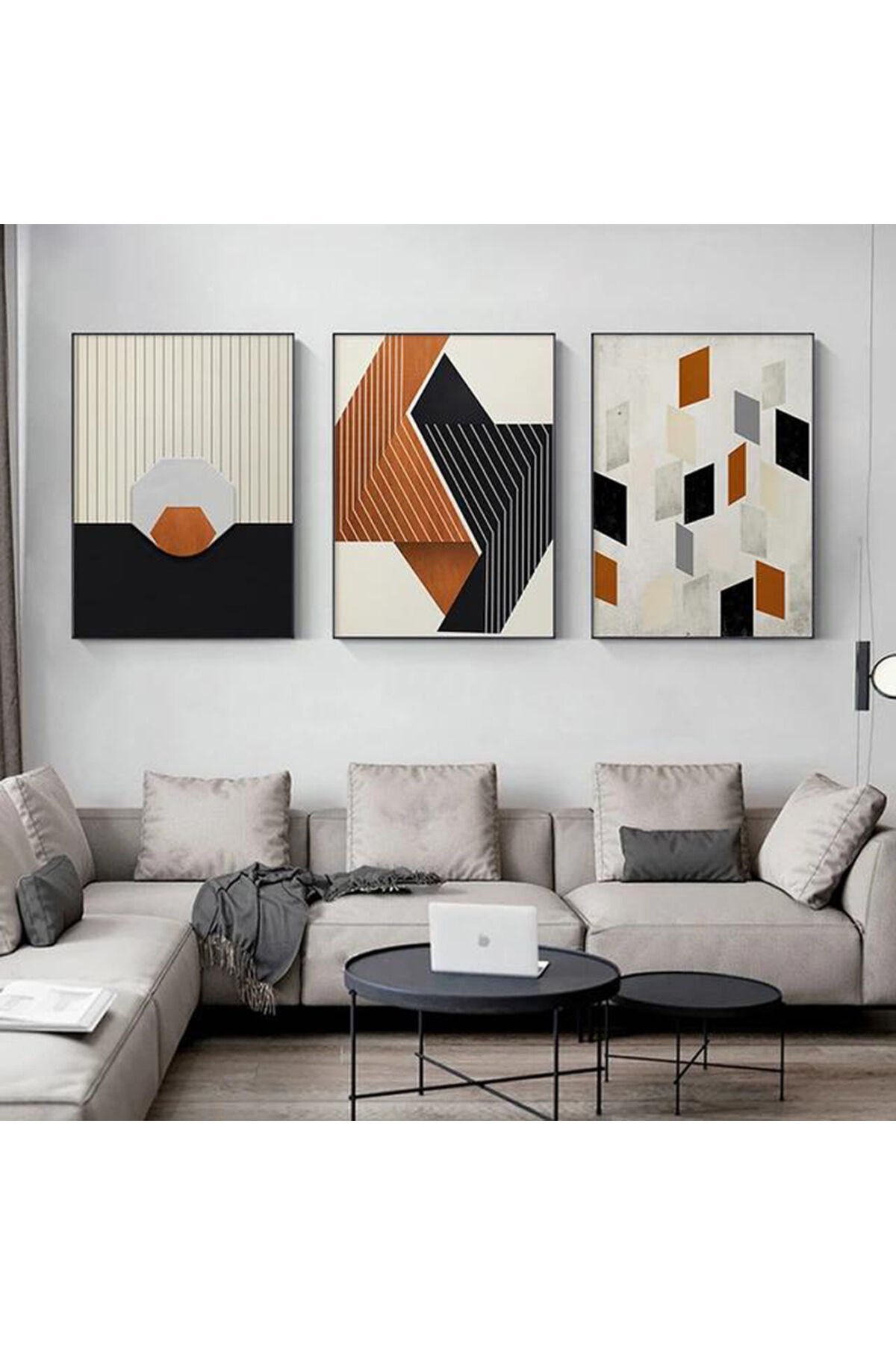 Üçlü Siyah Metal Çerçeve Krem Modern Cam Tablo Seti