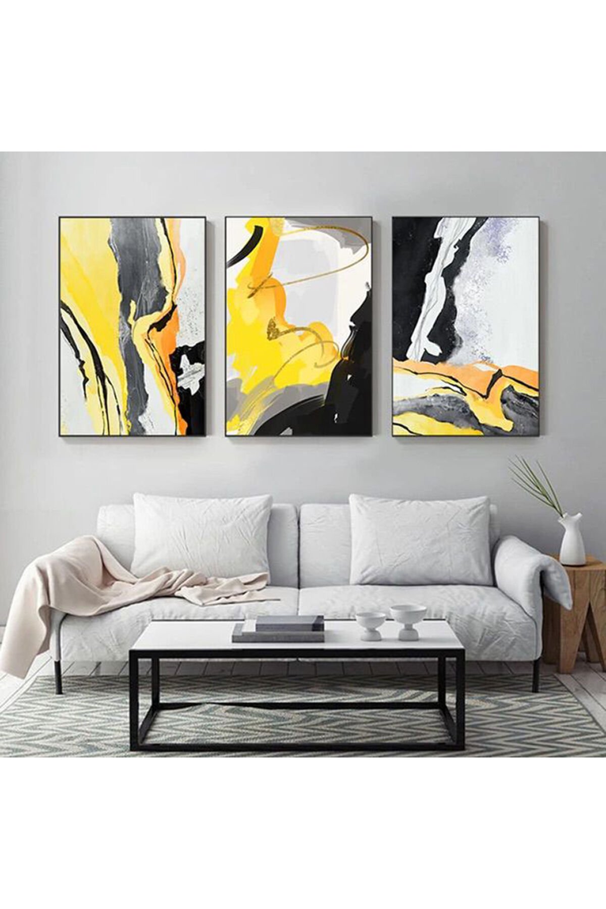 Üçlü Siyah Metal Çerçeve Sarı Gri Cam Tablo Seti