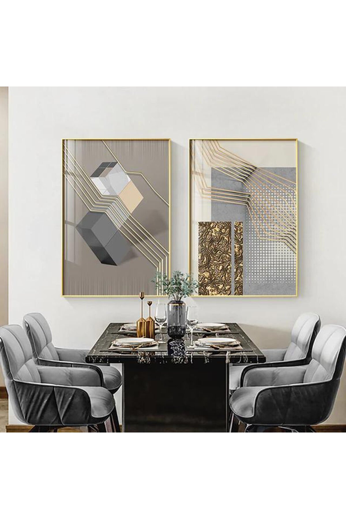 İkili Gold Metal Çerçeveli Gri Geometrik Poster Cam Tablo Seti