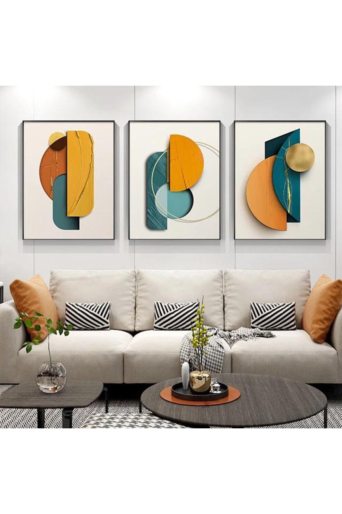 Üçlü Siyah Metal Çerçeve Turuncu Mavi Cam Tablo Seti