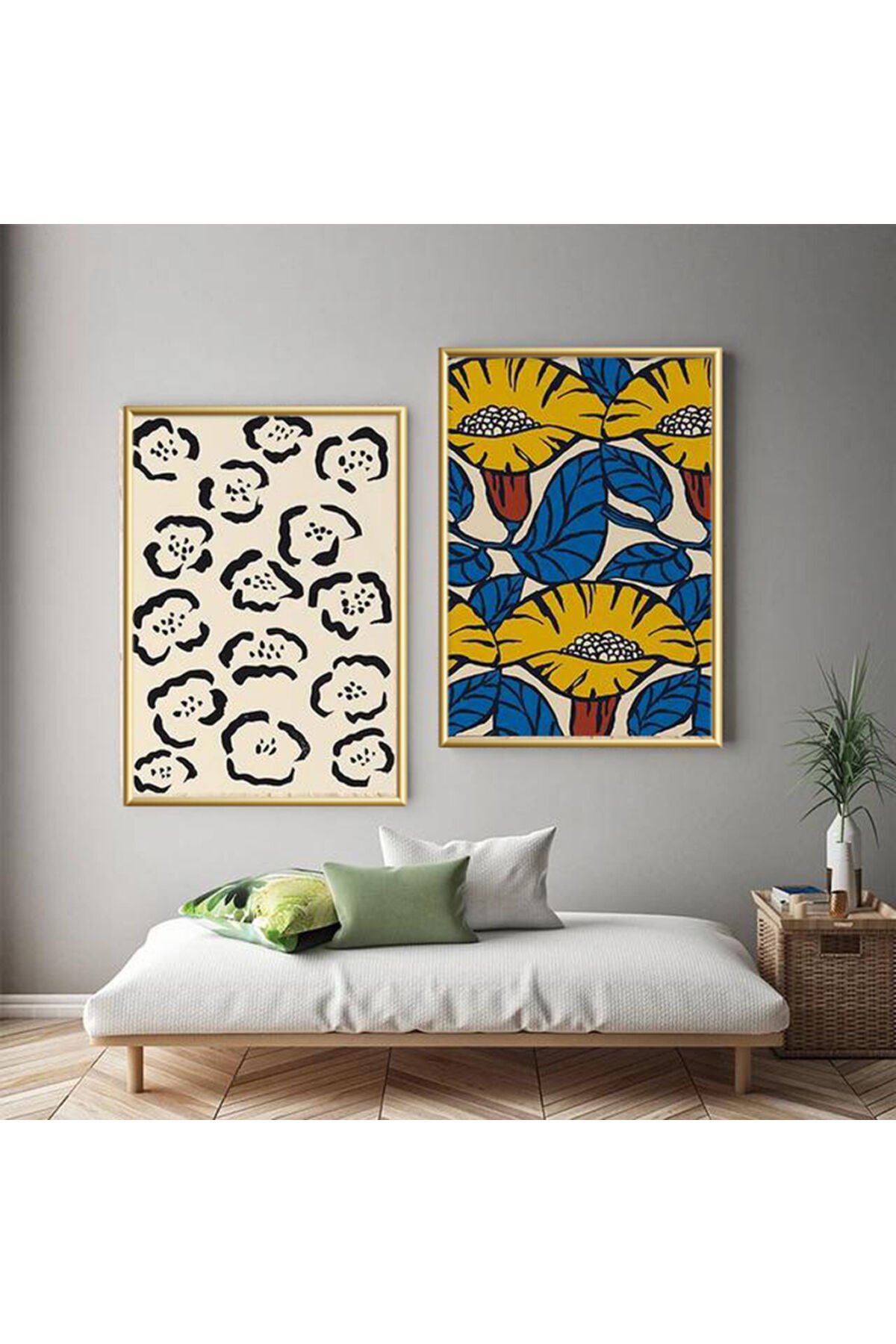 İkili Gold Metal Çerçeveli Canlı Renkler Poster Cam Tablo Seti