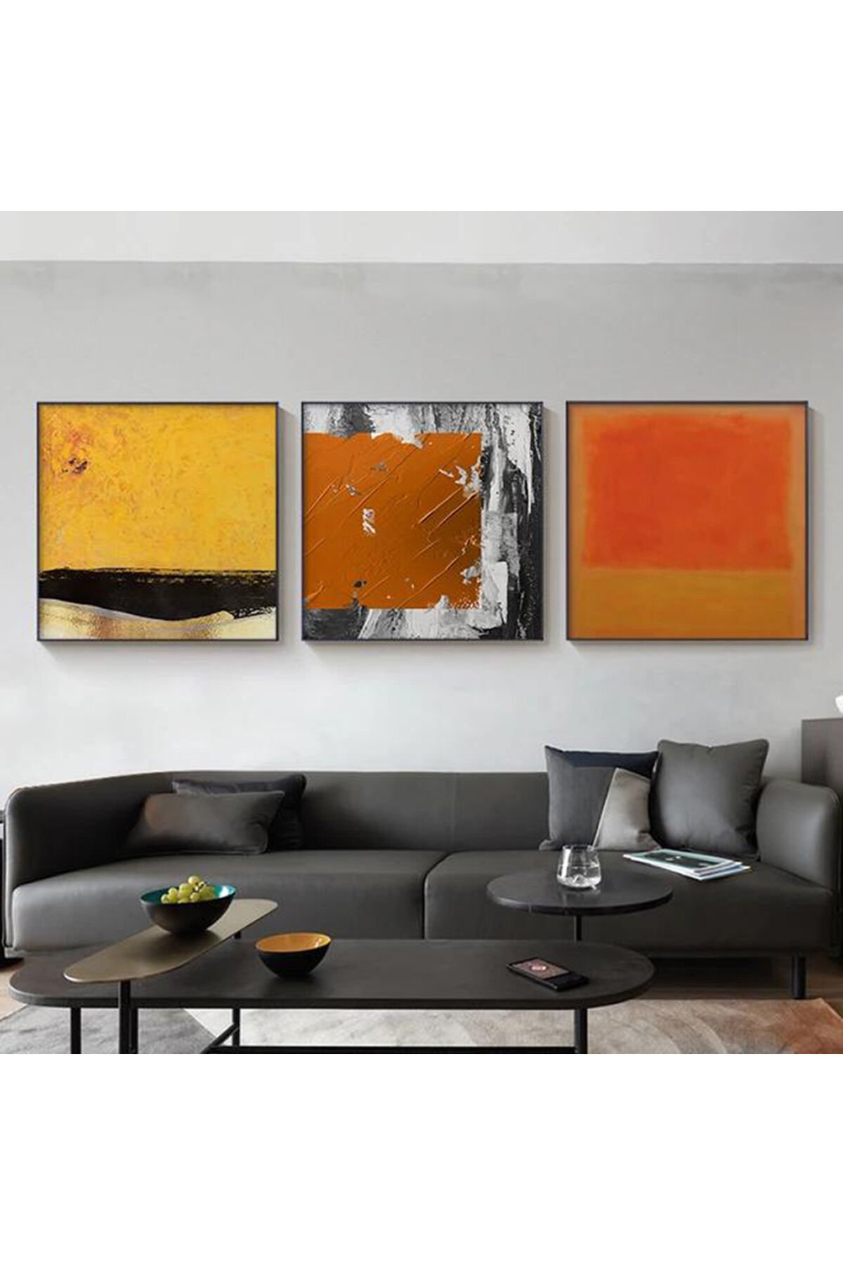 Üçlü Siyah Metal Çerçeveli Modern Kare Sarı Cam Tablo Seti