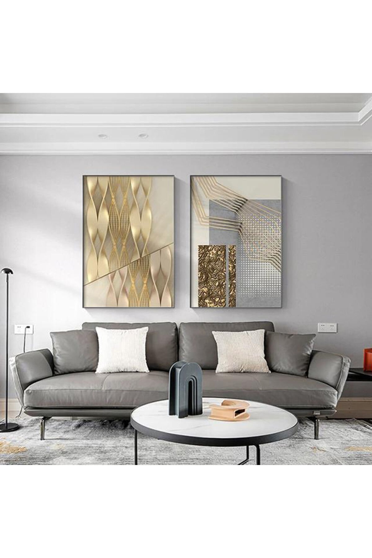 İkili Siyah Metal Çerçeveli Gri Krem Cam Tablo Seti