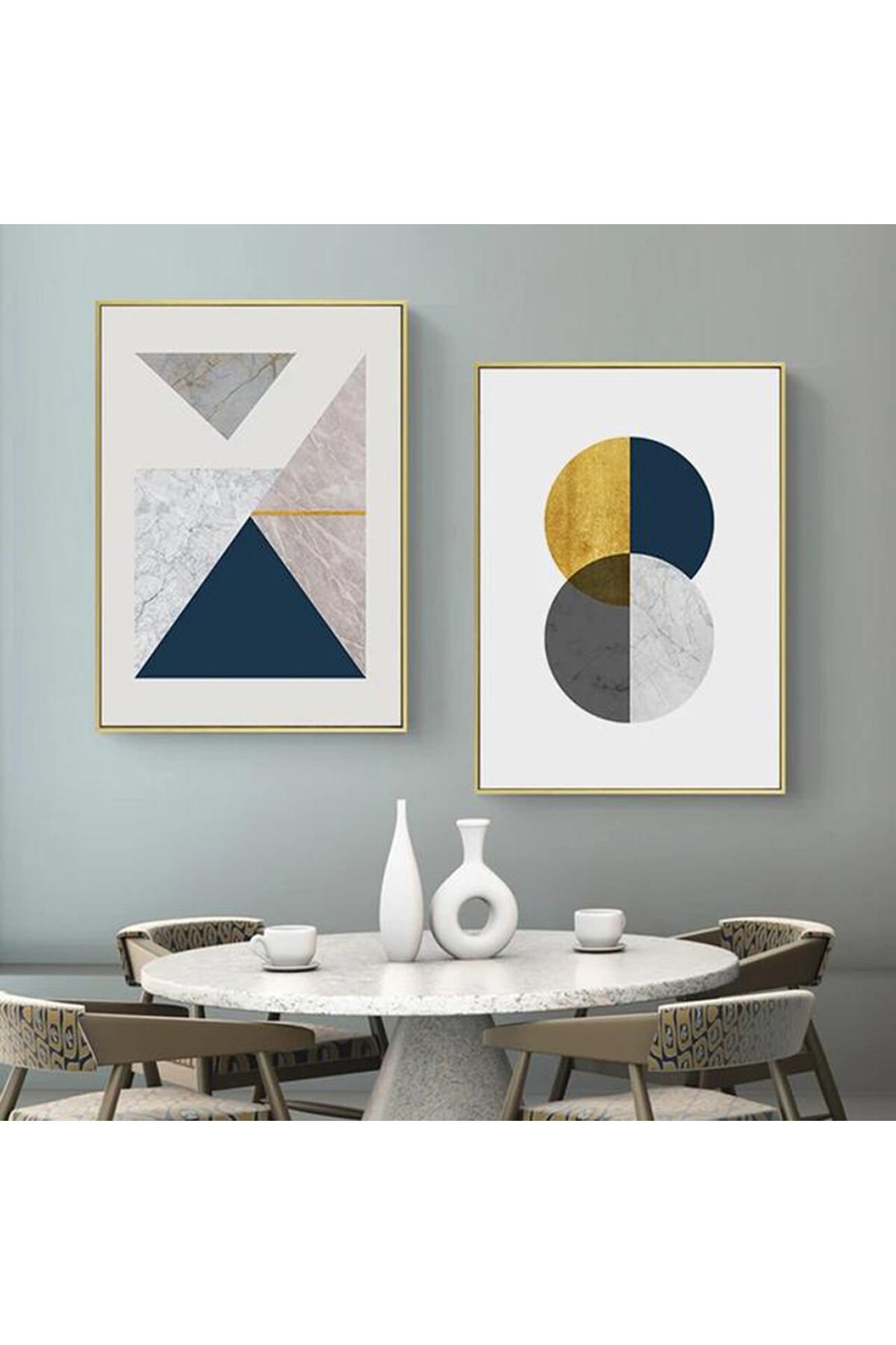 İkili Gold Metal Çerçeveli Mavi Geometrik Desen Cam Tablo Seti