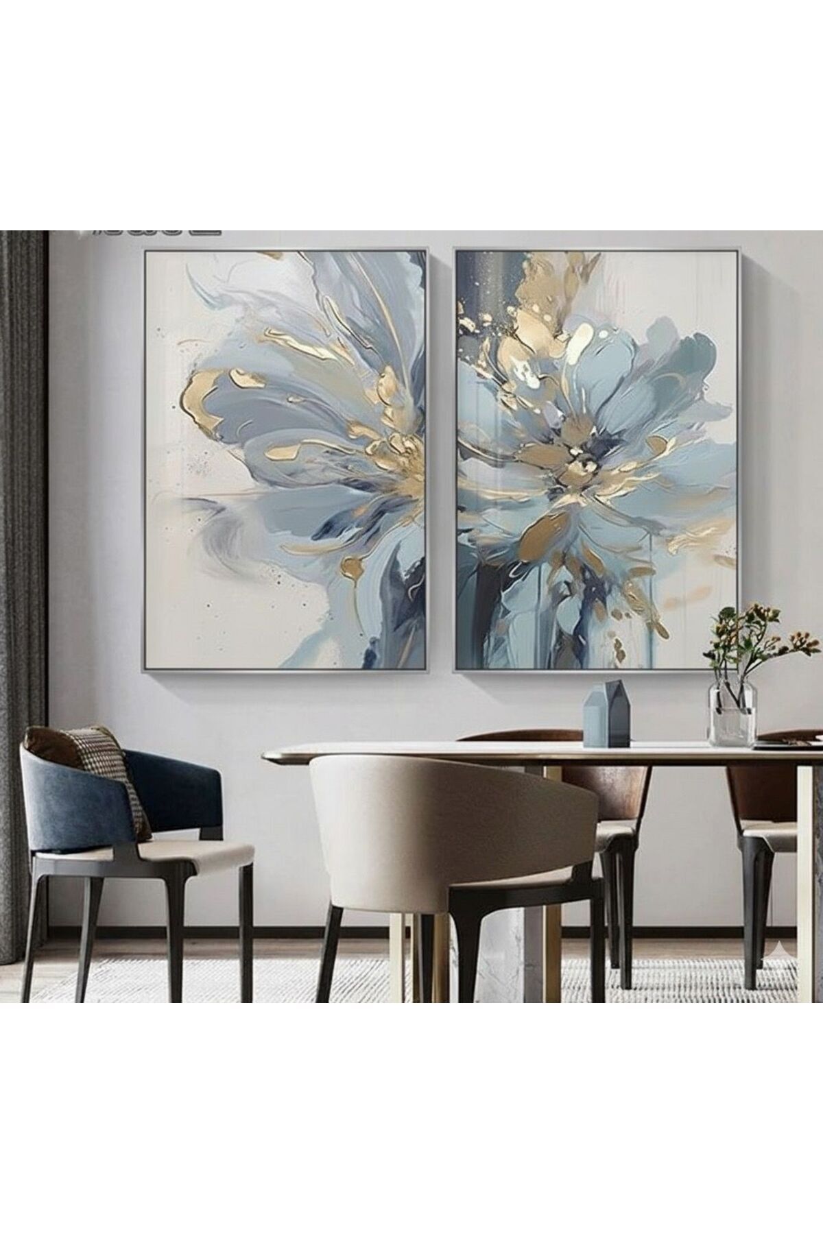 2li Gümüş Metal Çerçeve Mavi Çiçek Gerçek Cam Tablo Seti