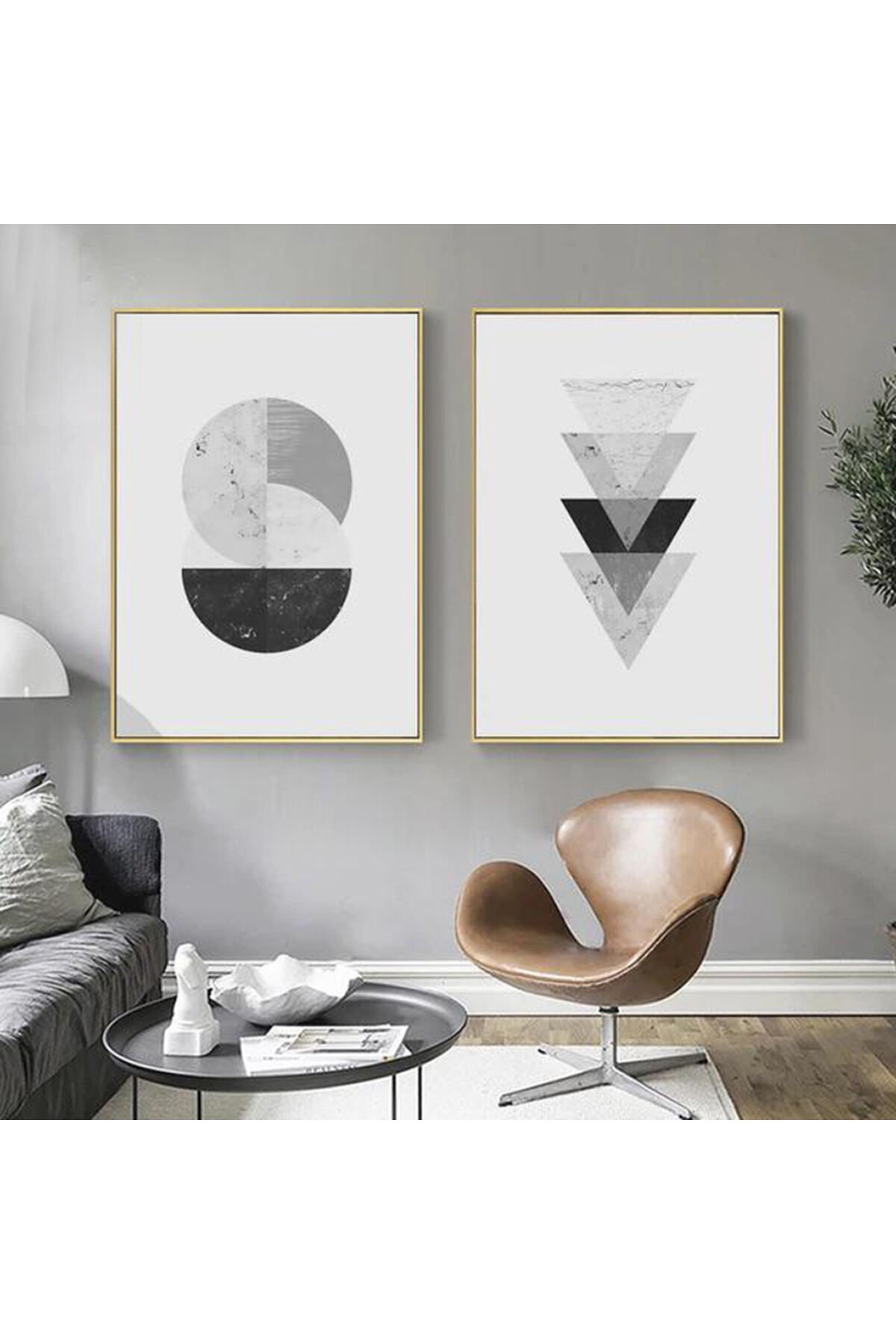 İkili Gold Metal Çerçeveli Gri Beyaz Poster Cam Tablo Seti