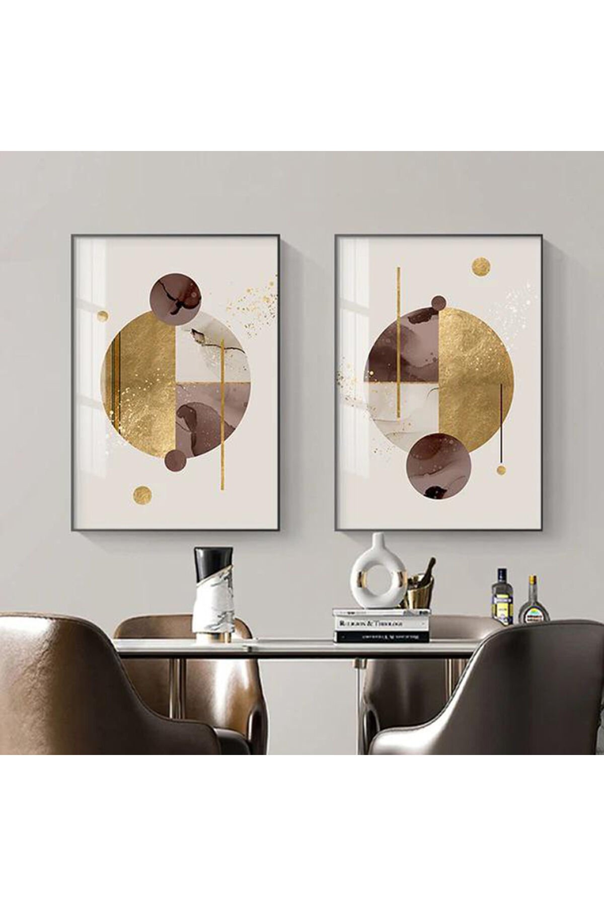 İkili Siyah Metal Çerçeveli Geometrik Cam Tablo Seti