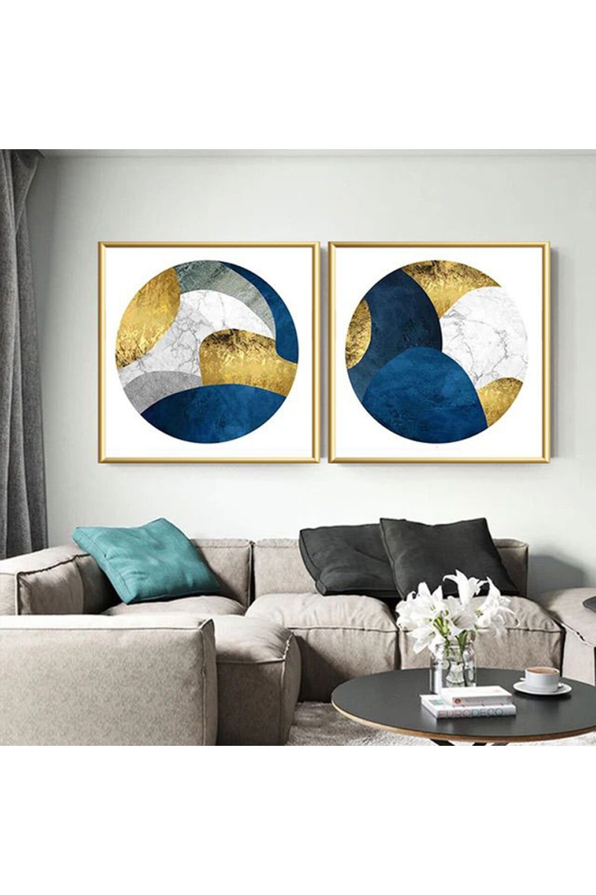 İkili Gold Metal Çerçeveli Kare Dairesel Cam Tablo Seti