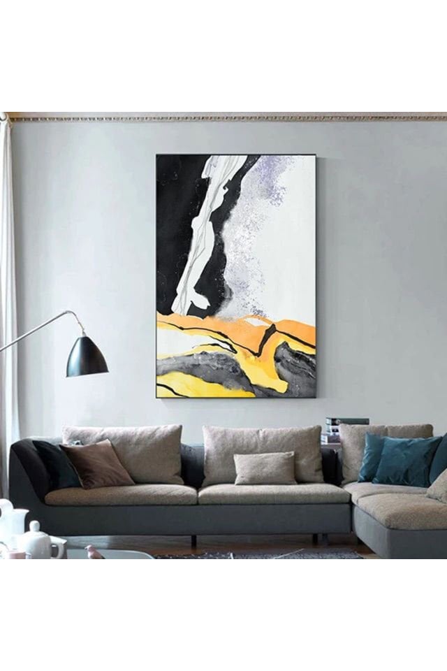 Tekli Siyah Metal Çerçeveli Sarı Siyah Cam Tablo Seti