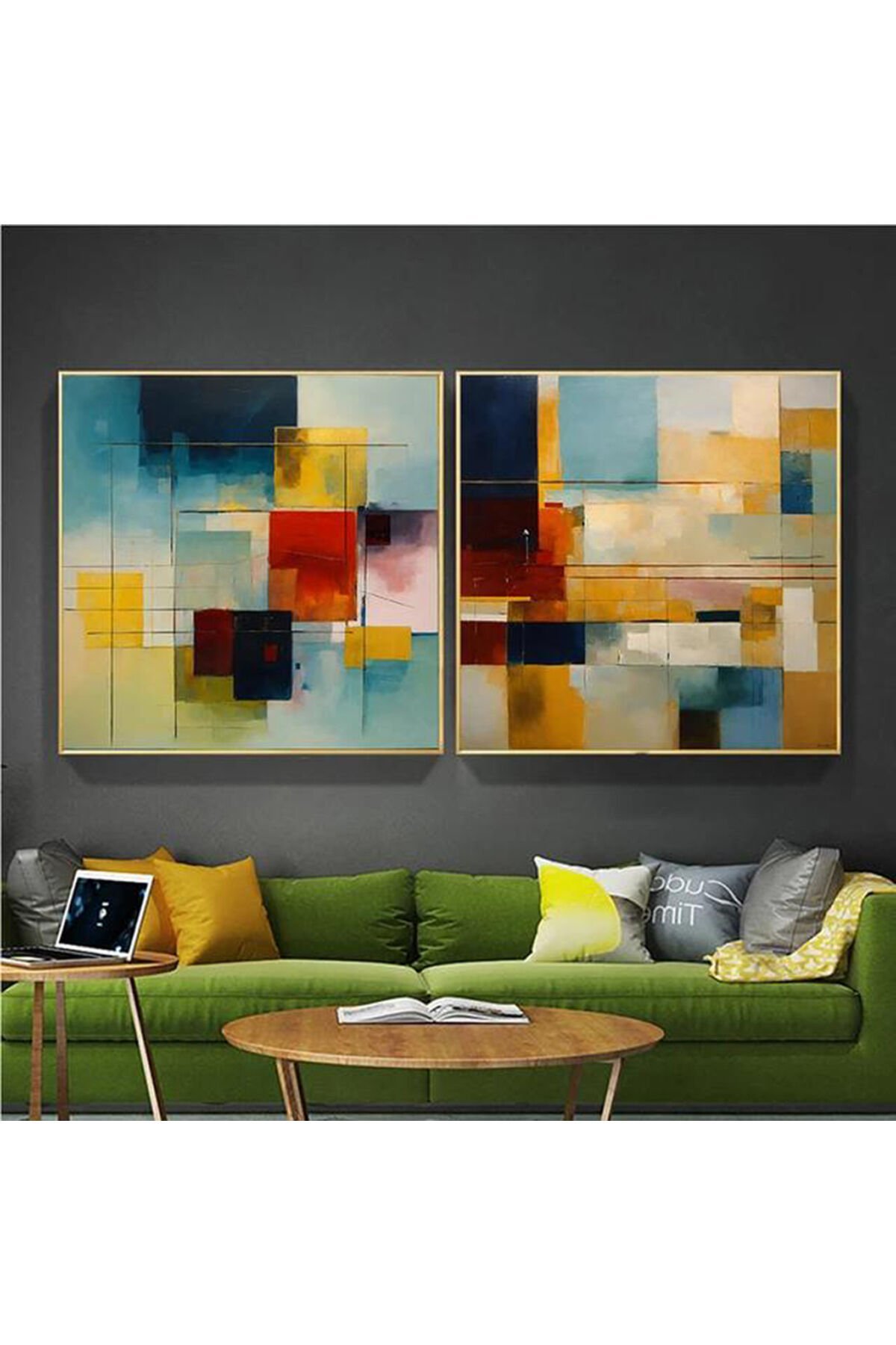 İkili Gold Çerçeveli Kare Canlı Renkler Cam Tablo Seti
