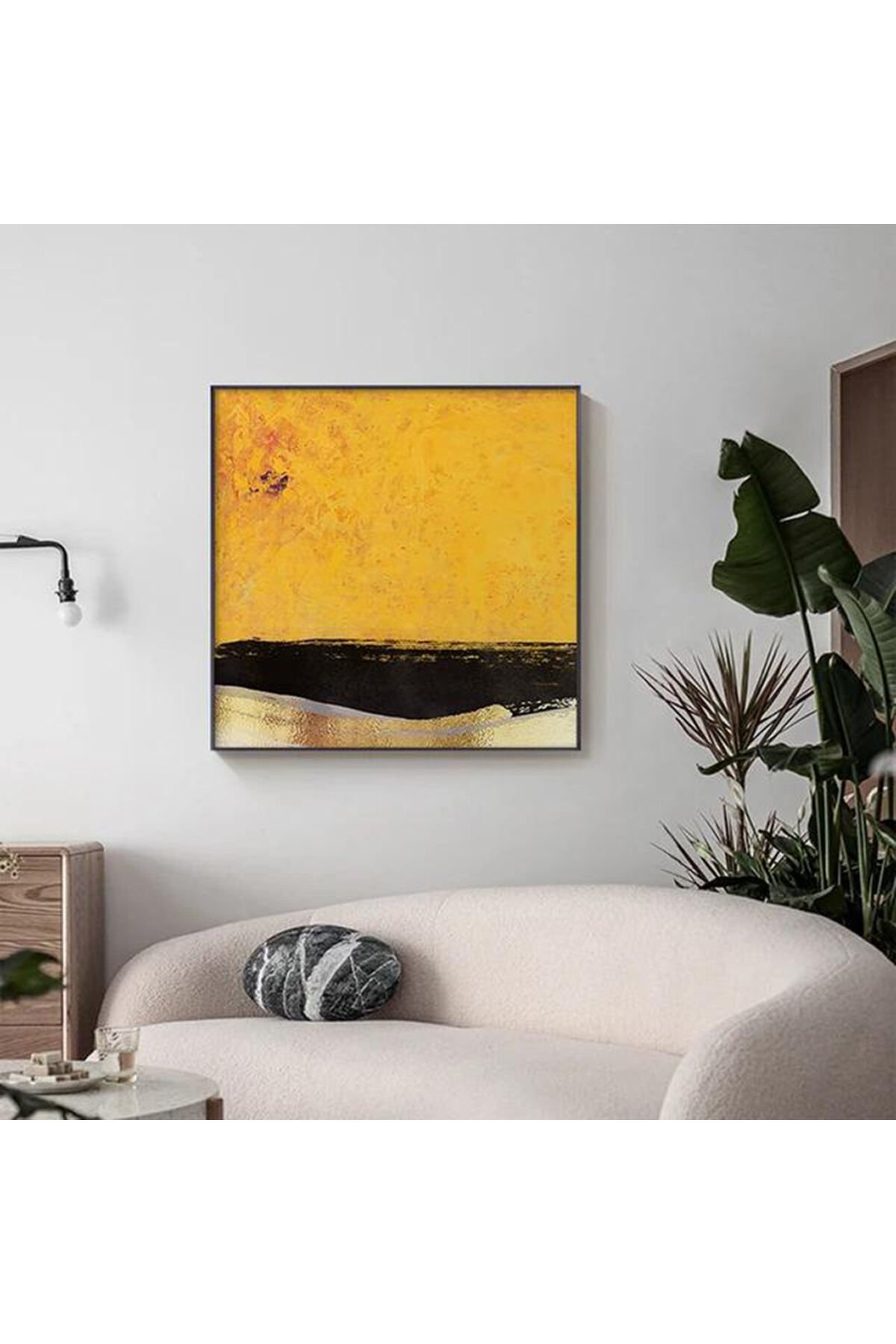 Tekli Siyah Metal Çerçeveli Modern Kare Sarı Cam Tablo Seti