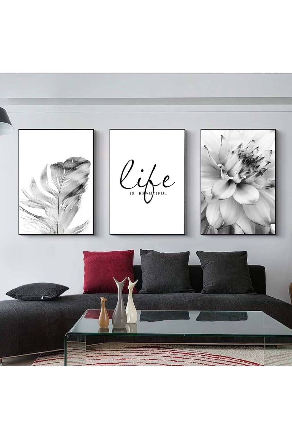 Üçlü Siyah Metal Çerçeve Yaprak Motto Cam Tablo Seti