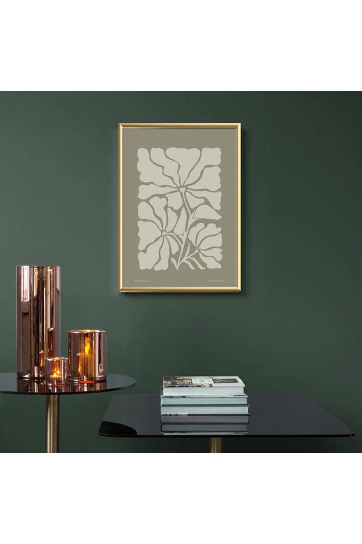 Tekli Gold Metal Çerçeveli Yeşil Tarz Poster Cam Tablo Seti