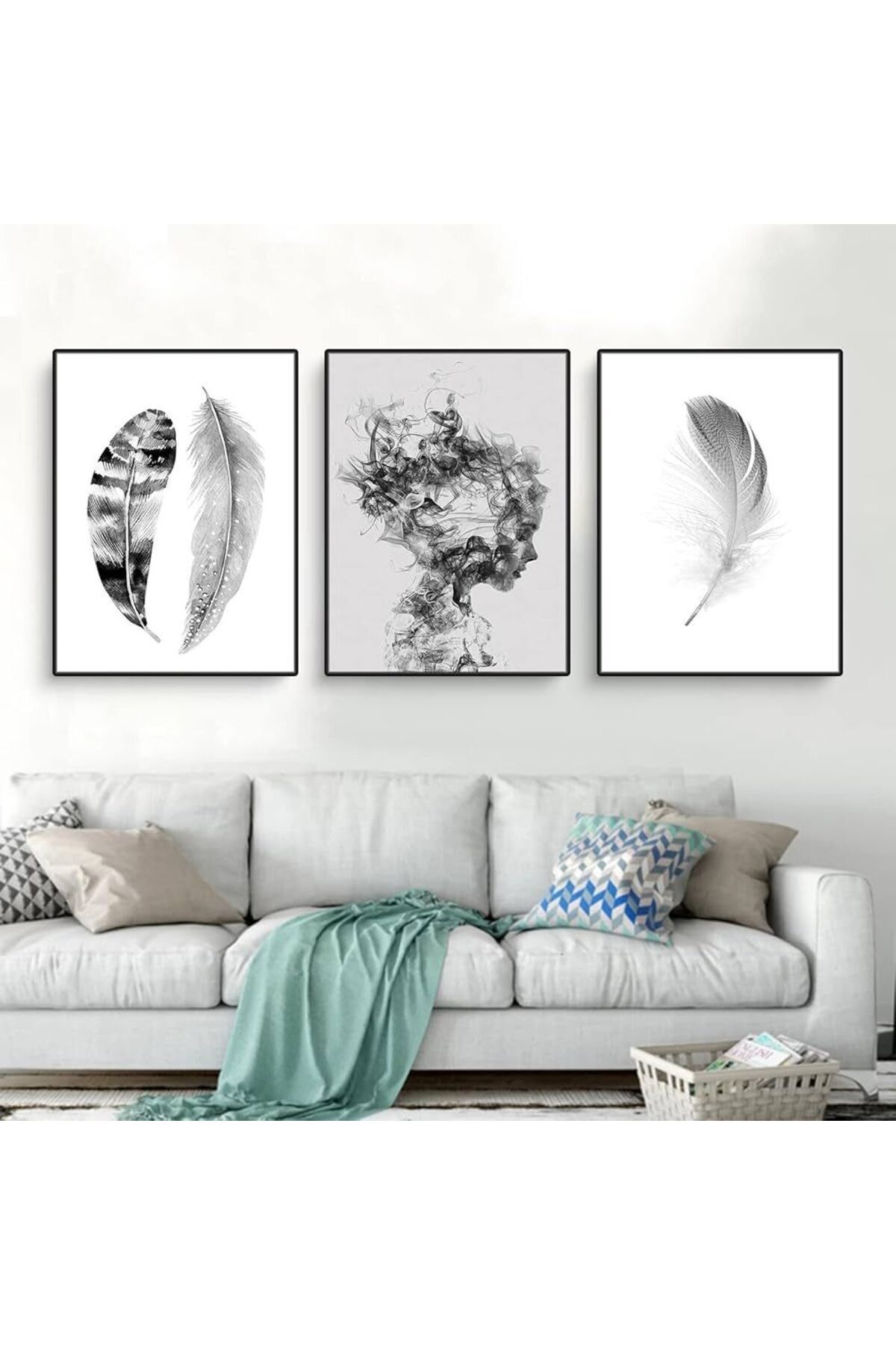 Üçlü Siyah Metal Çerçeve Tüy Kadın Modern Cam Tablo Seti