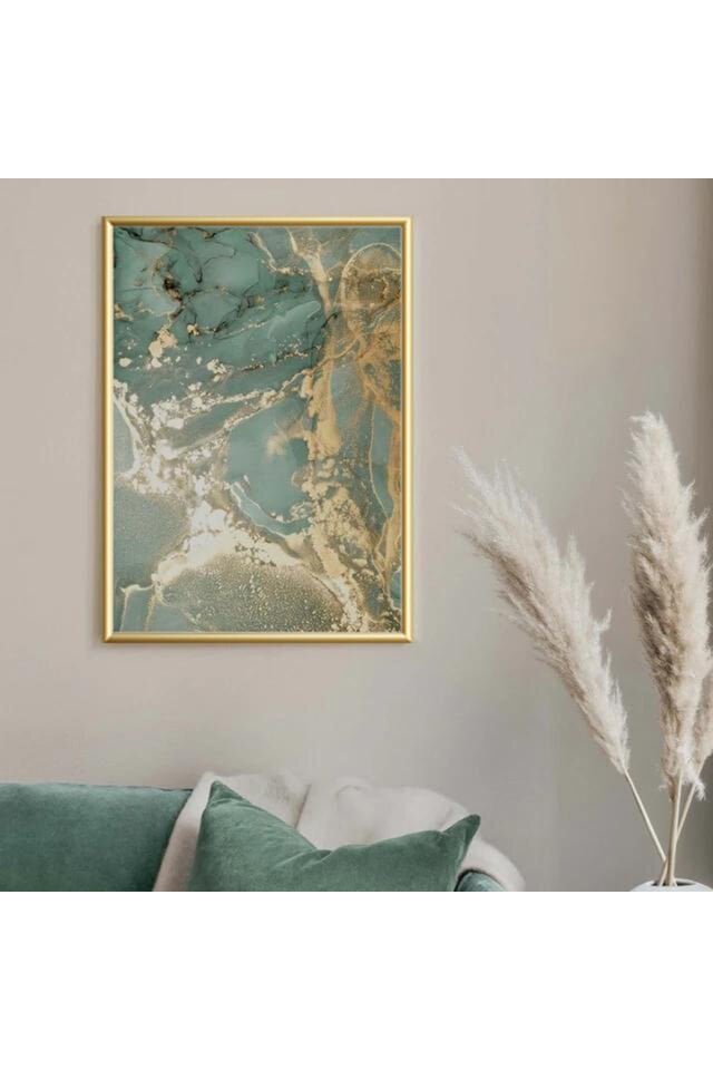 Tekli Gold Metal Çerçeveli Yeşil Desen Poster Cam Tablo Seti