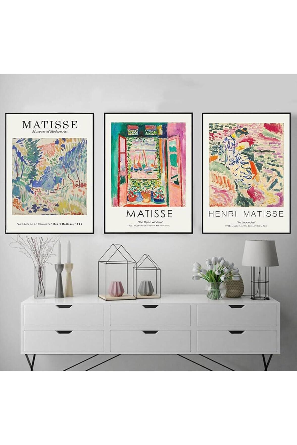 Üçlü Siyah Metal Çerçeve Matisse Renkli Cam Tablo Seti