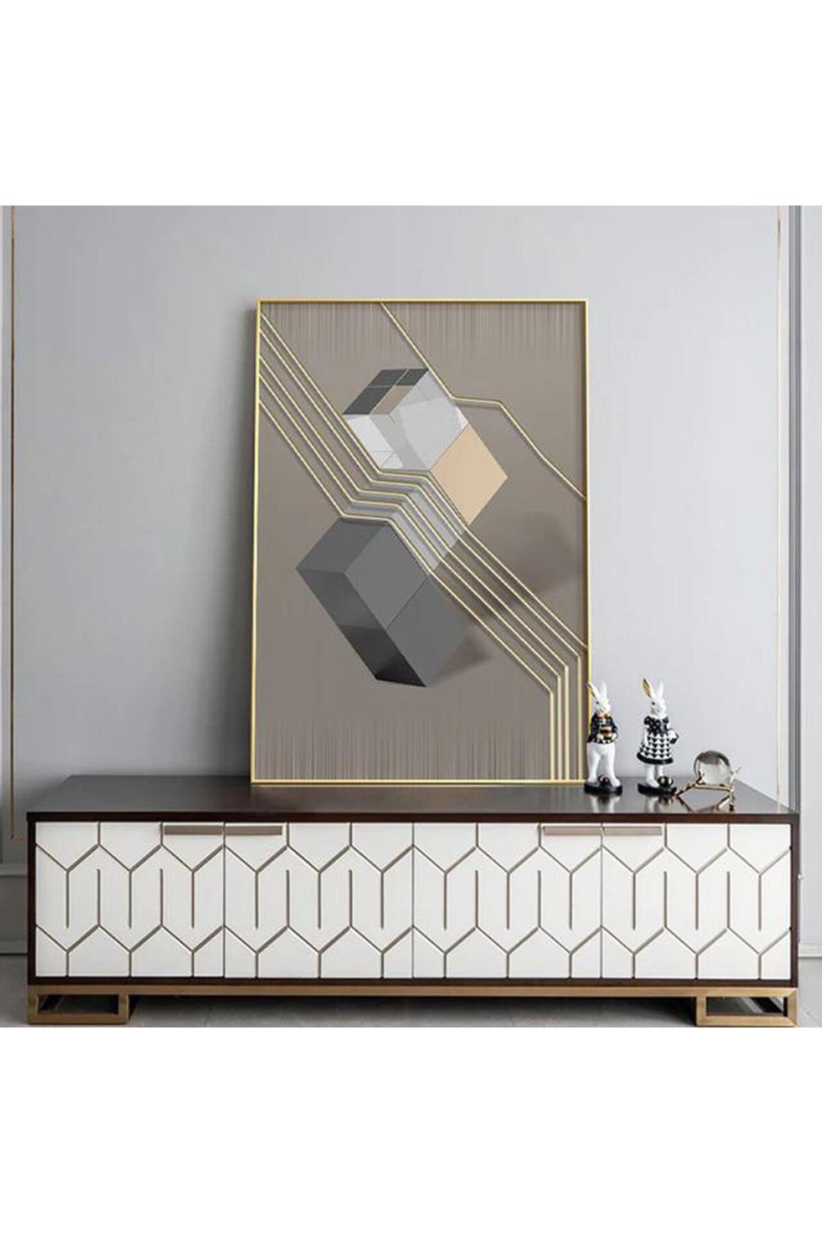 Tekli Gold Metal Çerçeveli Gri Geometrik Poster Cam Tablo Seti