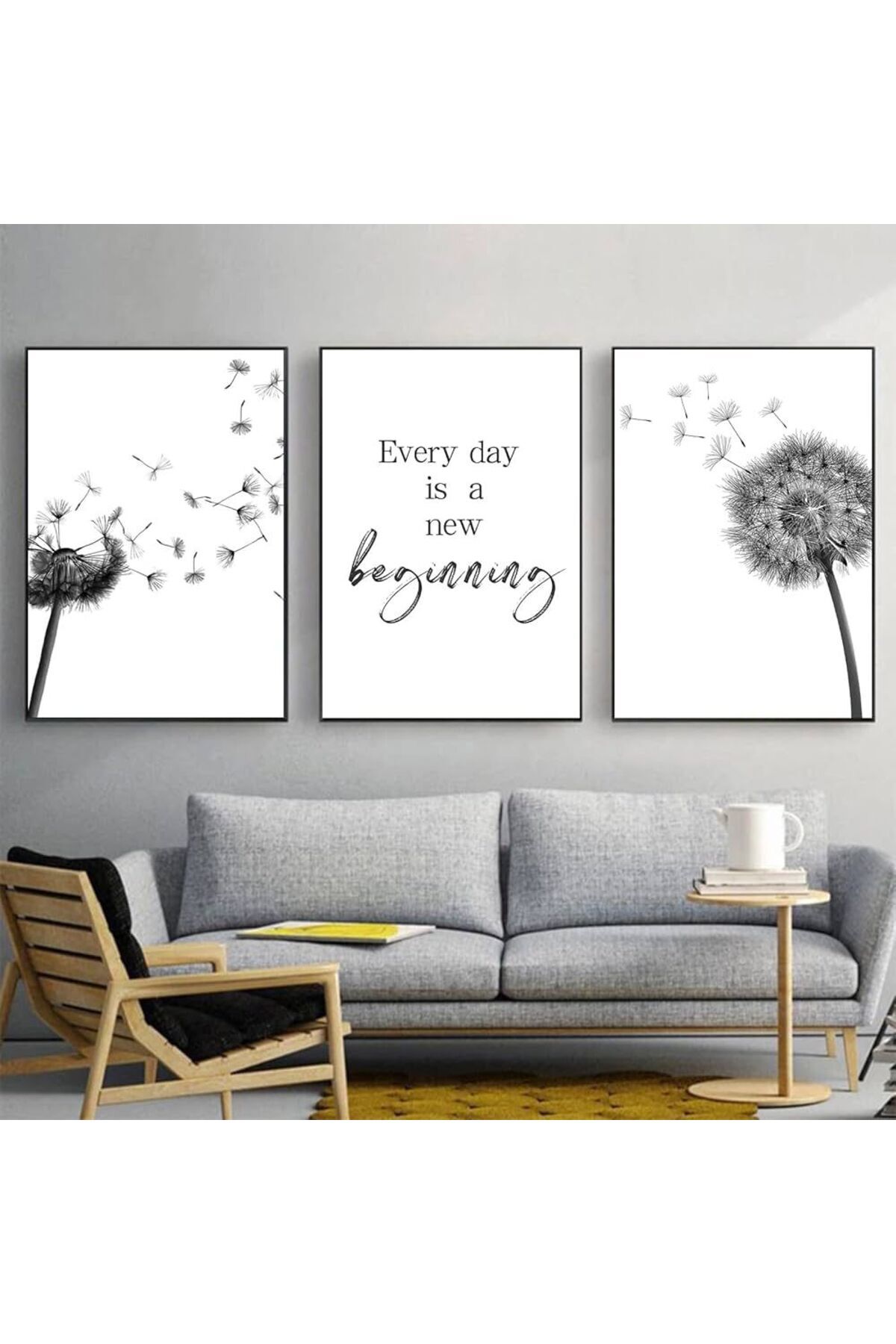 Üçlü Siyah Metal Çerçeve Karahindiba Motto Cam Tablo Seti