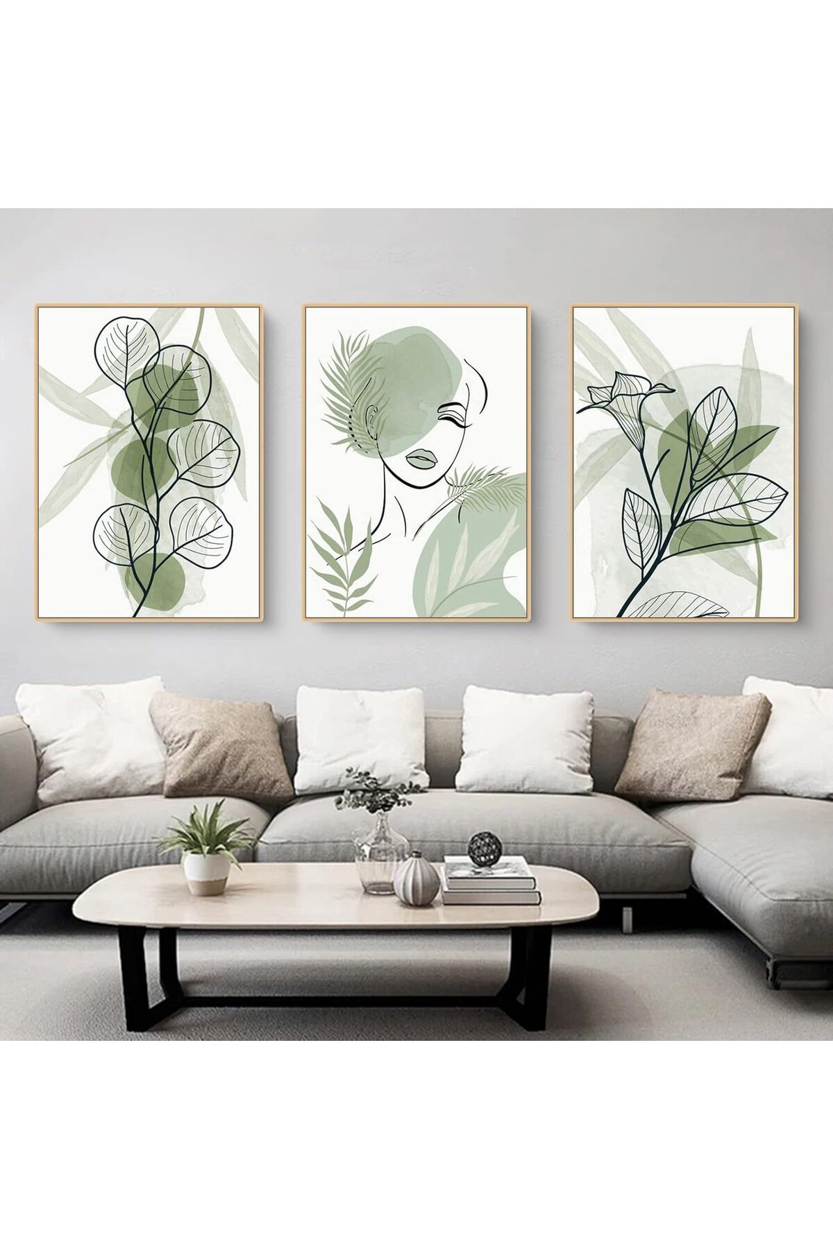 Üçlü Gold Metal Bohem Yeşil Yaprak Cam Tablo Seti