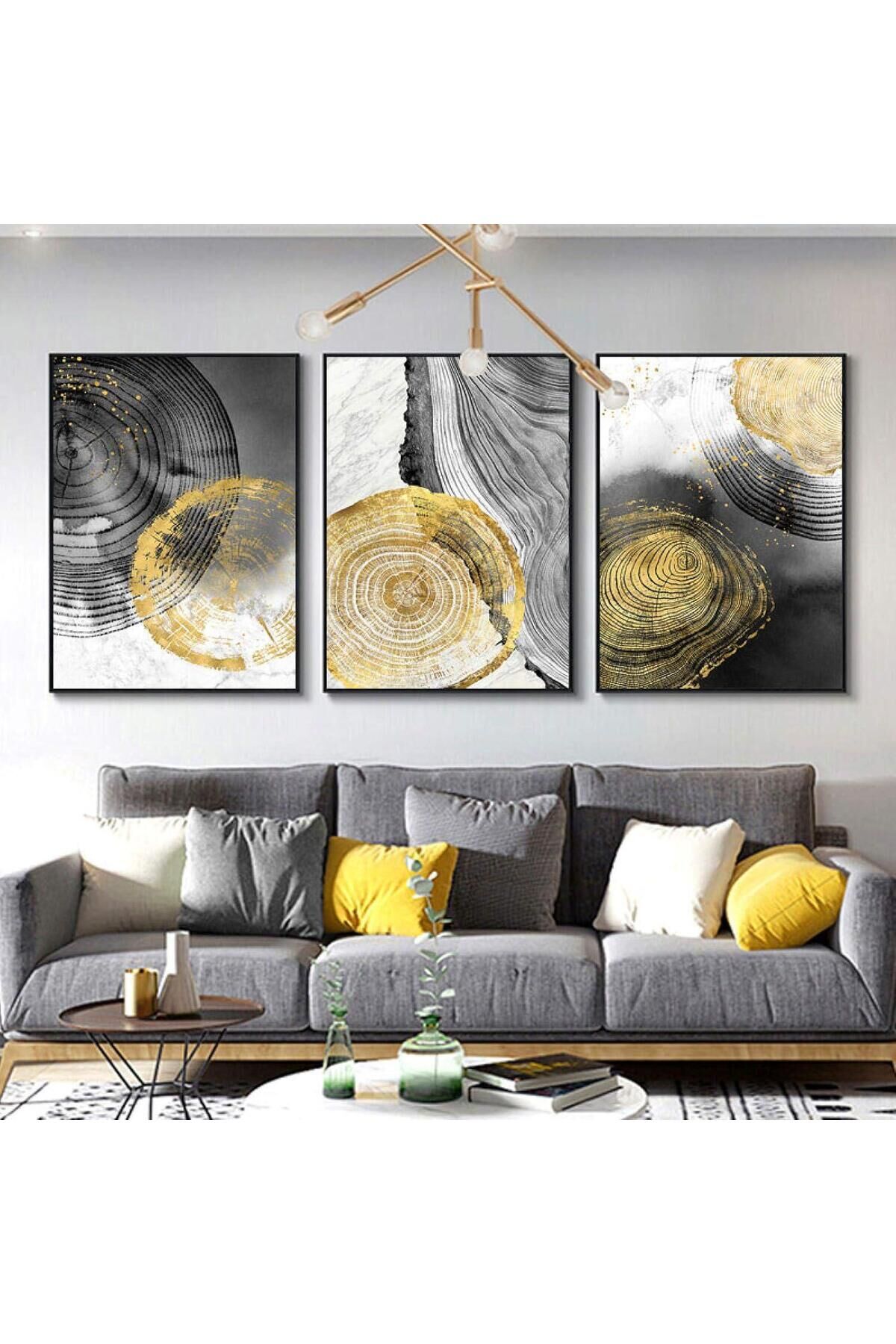 Üçlü Siyah Metal Çerçeve Sarı Desen Cam Tablo Seti