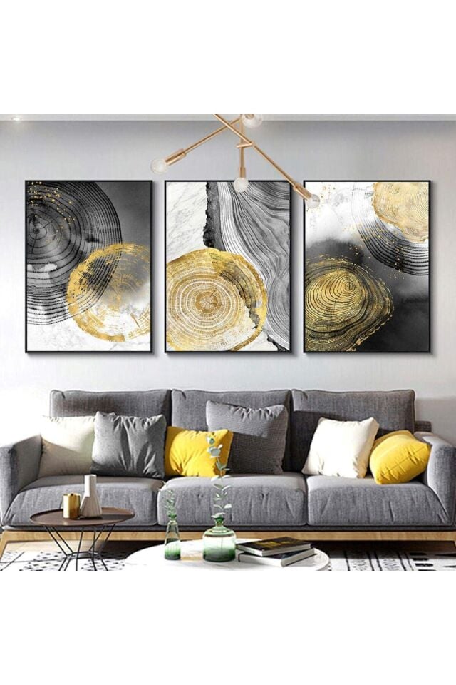 Üçlü Siyah Metal Çerçeve Sarı Desen Cam Tablo Seti