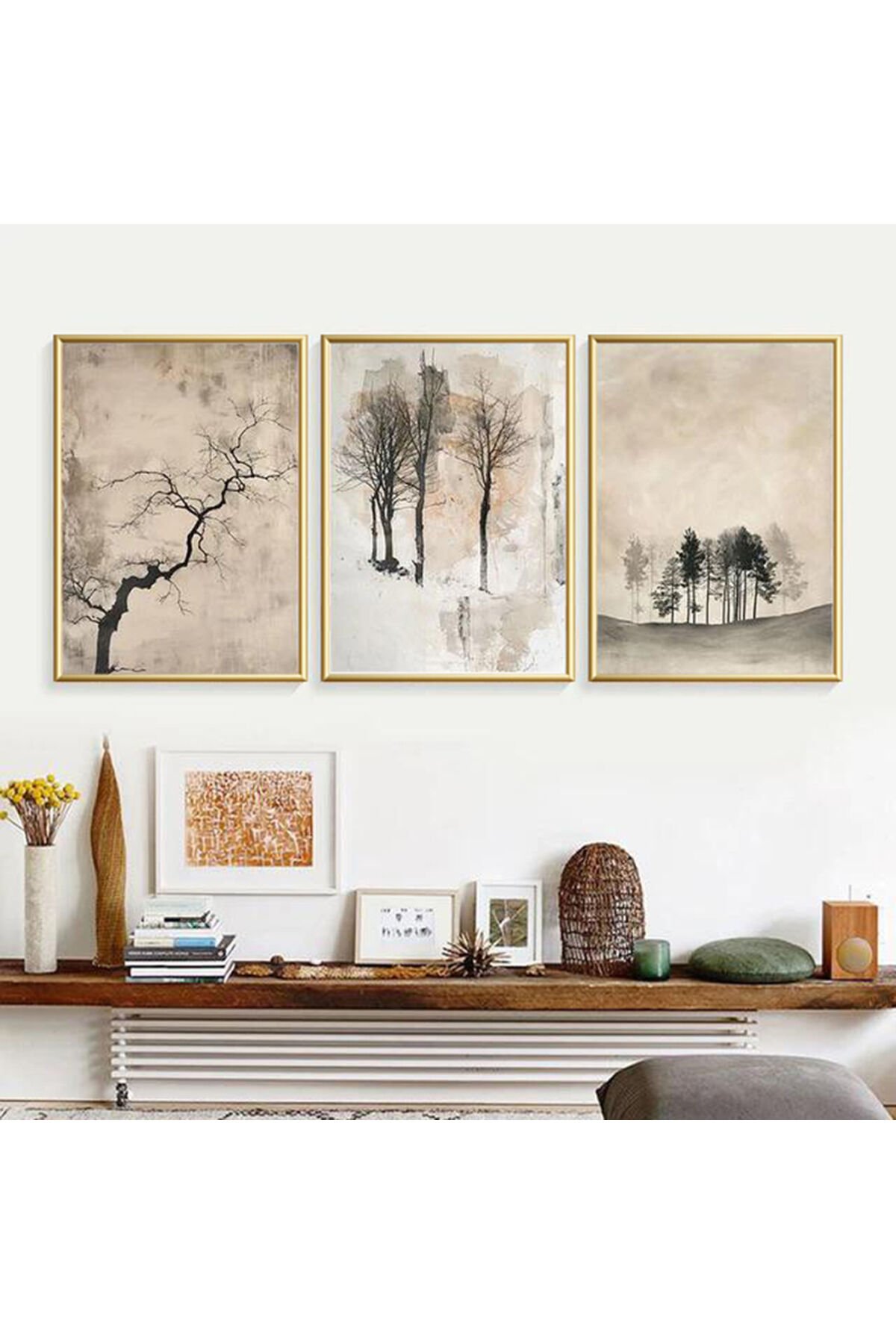 Üçlü Gold Metal Ağaç Kahverengi Poster Cam Tablo Seti