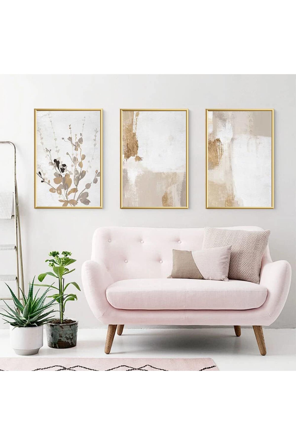 Üçlü Gold Metal Soyut Krem Cam Tablo Seti