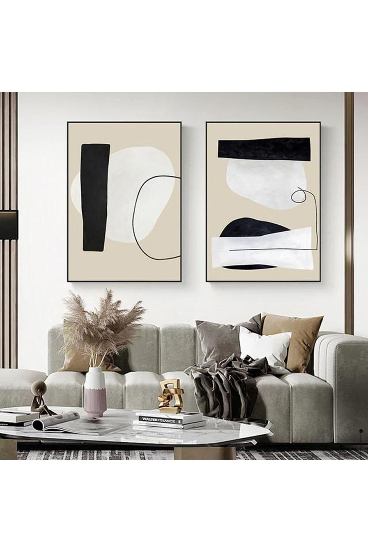 İkili Siyah Metal Çerçeveli Krem Soyut Cam Tablo Seti