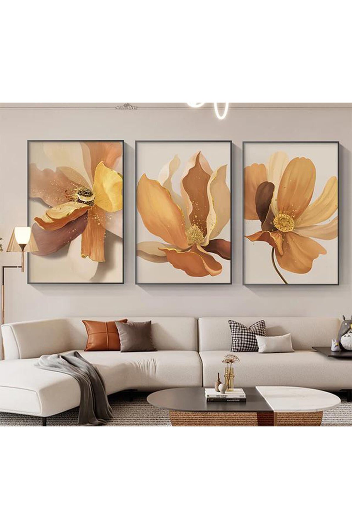 Üçlü Siyah Metal Çerçeve Kahve Çiçek Cam Tablo Seti