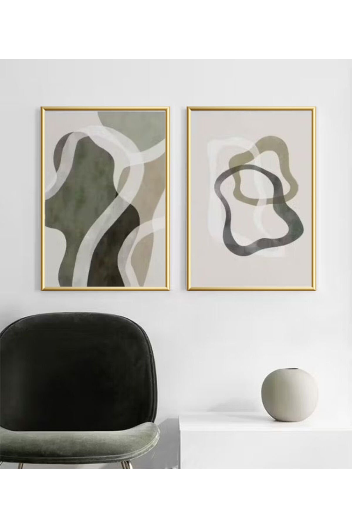 İkili Gold Metal Çerçeveli Yeşil Soyut Camlı Tablo Seti